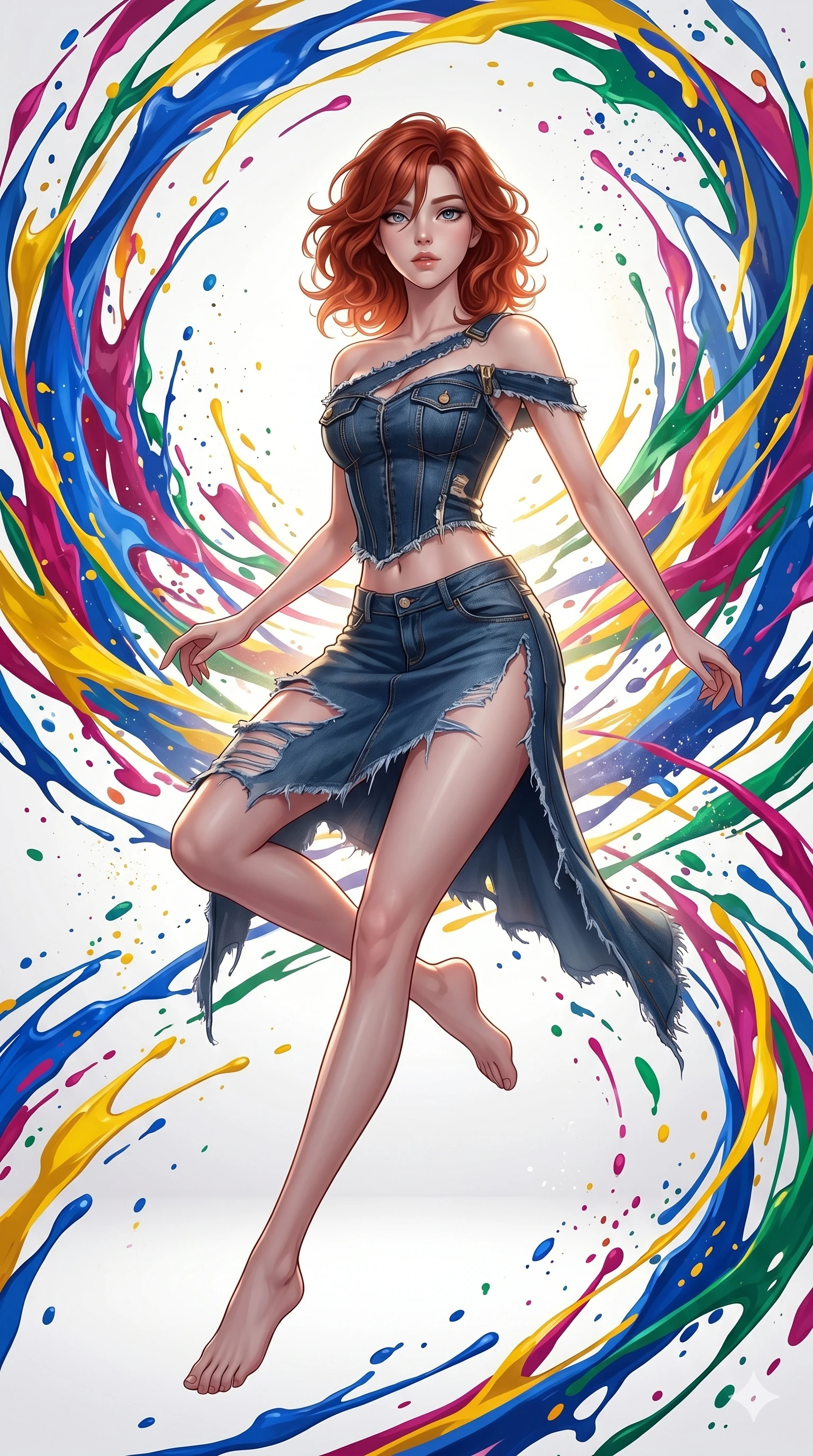 score_9, masterpiece, best quality, ultra-detailed, high-budget anime keyframe, Korean woman. low angle full-body shot filling the entire 9:16 frame with her statuesque presence, stretching the vertical silhouette. leaping into a vorticist paint splatter dimension where thousands of vivid acrylic paint ribbons and splatters swirl around her in a white gallery void. She has an absolutely perfect 8-heads proportion, an exceptionally tall and slender female figure with impossibly long slender legs and an ultra-slim waist. V-shaped jawline, high-bridge nose, intricate jewel-like eyes with depth, thick eyelashes, glossy lips with a natural sheen.. wearing a deconstructed denim corset and an asymmetric ripped denim micro-skirt, showcasing a rugged yet chic off-shoulder style. illuminated by dramatic chiaroscuro casting soft shadows along her curves, with vibrant backlighting highlighting the dust particles. 2k, ultra detail, master piece, 9:16 ratio