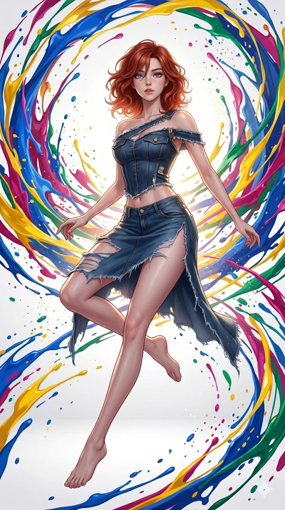 score_9, masterpiece, best quality, ultra-detailed, high-budget anime keyframe, Korean woman. low angle full-body shot filling the entire 9:16 frame with her statuesque presence, stretching the vertical silhouette. leaping into a vorticist paint spla