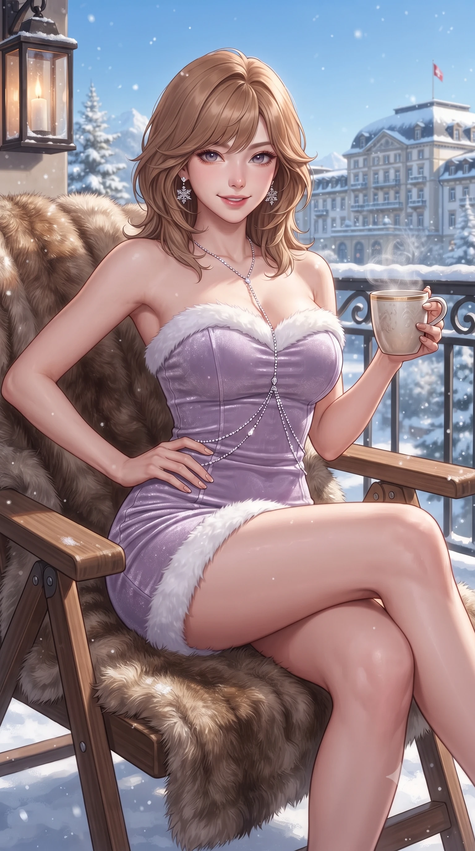 score_9, masterpiece, best quality, ultra-detailed, high-budget anime keyframe, editorial fashion photography, tasteful artistic composition, Korean woman. close-up cowboy shot from the waist and thighs up, the character dominates the composition, filling the frame with her large presence. twisting her slender torso in an alluring contrapposto stance, one hand resting on her sculpted hip while holding a steaming mug with effortless poise while lounging in a fur-draped teak deckchair with legs crossed, flashing an enchanting smile with bedroom-eyes beneath the clear blue winter sky. The surrounding environment is rendered in vivid detail and crisp panoramic clarity. detailed cashmere knit weave, diamond snowflake earrings sparkle, and Swiss palace hotel architecture in high resolution. She has an exceptionally elegant, slender, and willowy female figure with an ultra-slim waist, flat toned midriff, narrow ribcage, and sculpted feminine hips creating an alluring, slim hourglass silhouette without bulk. sharp v-shaped jawline, high-bridge nose, sparkling ice-crystal eyes with depth, frosty thick lashes, glossy parted lips with a rosy berry sheen, bright playful smile with an intoxicating seductive glint, rosy flushed cheeks radiating cozy warmth and dangerous allure, flawlessly proportioned anatomical accuracy, strict slender model proportions, natural body alignment, perfectly sculpted long slender limbs, ultra-slim waistline, clean dynamic posture without body distortion. wearing a strapless velvet mini dress with white faux-fur trim along the neckline and hemline in frosty lilac violet and pearlescent ivory, tailored from fine lightweight merino wool rib knit with structural contouring, accented with a delicate crystal body chain catching the snowy ambient light, the form-fitting cut adhering flawlessly to her sculpted flat midriff and slender torso, emphasizing her long leg lines and perfectly proportioned willowy build. illuminated by warm balcony lantern fill and sharp crystalline silver rim lighting sculpting her sculpted collarbones, ultra-slim waist, and curvy hips. ultra-reflective glossy finish, specular highlights, rich textural contrasts, high-contrast stereoscopic depth, volumetric dynamic lighting, 2k, ultra detail, master piece, 9:16 ratio