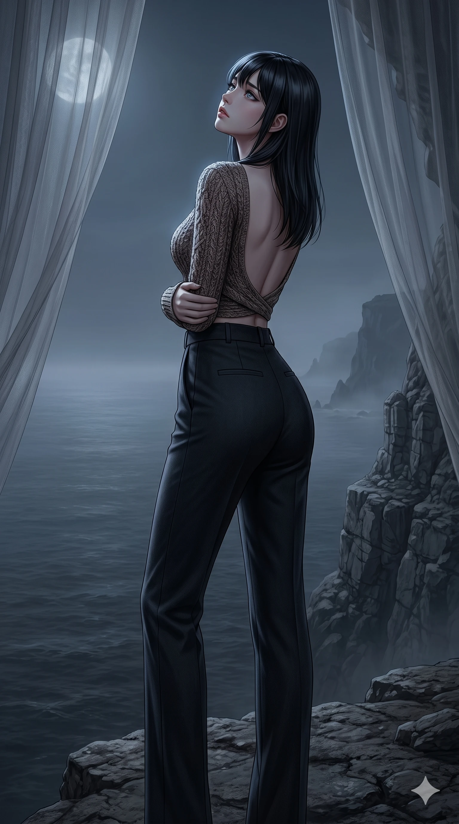 score_9, masterpiece, best quality, ultra-detailed, high-budget anime keyframe, editorial fashion photography, tasteful artistic composition, Caucasian woman, strictly human ears. cowboy shot from the thighs up, character and outfit filling the frame for maximum editorial presence. wrapping one arm around her waist, looking up with a sorrowful, longing gaze as if searching for something on a desolate cliffs edge overlooking a foggy, dark grey ocean at twilight (Scenario Code S-53). She has an absolutely perfect 8-heads proportion, an exceptionally tall and slender female figure with impossibly long slender legs and an ultra-slim waist. V-shaped jawline, high-bridge nose, intricate jewel-like eyes with depth, thick eyelashes, glossy lips with a natural sheen. wearing a micro-length knit wrap top with a scooped open back, exposing her back down to the spine. bathed in cold moonlight filtering through translucent curtains, creating soft shadows. 2k, ultra detail, master piece, 9:16 ratio
