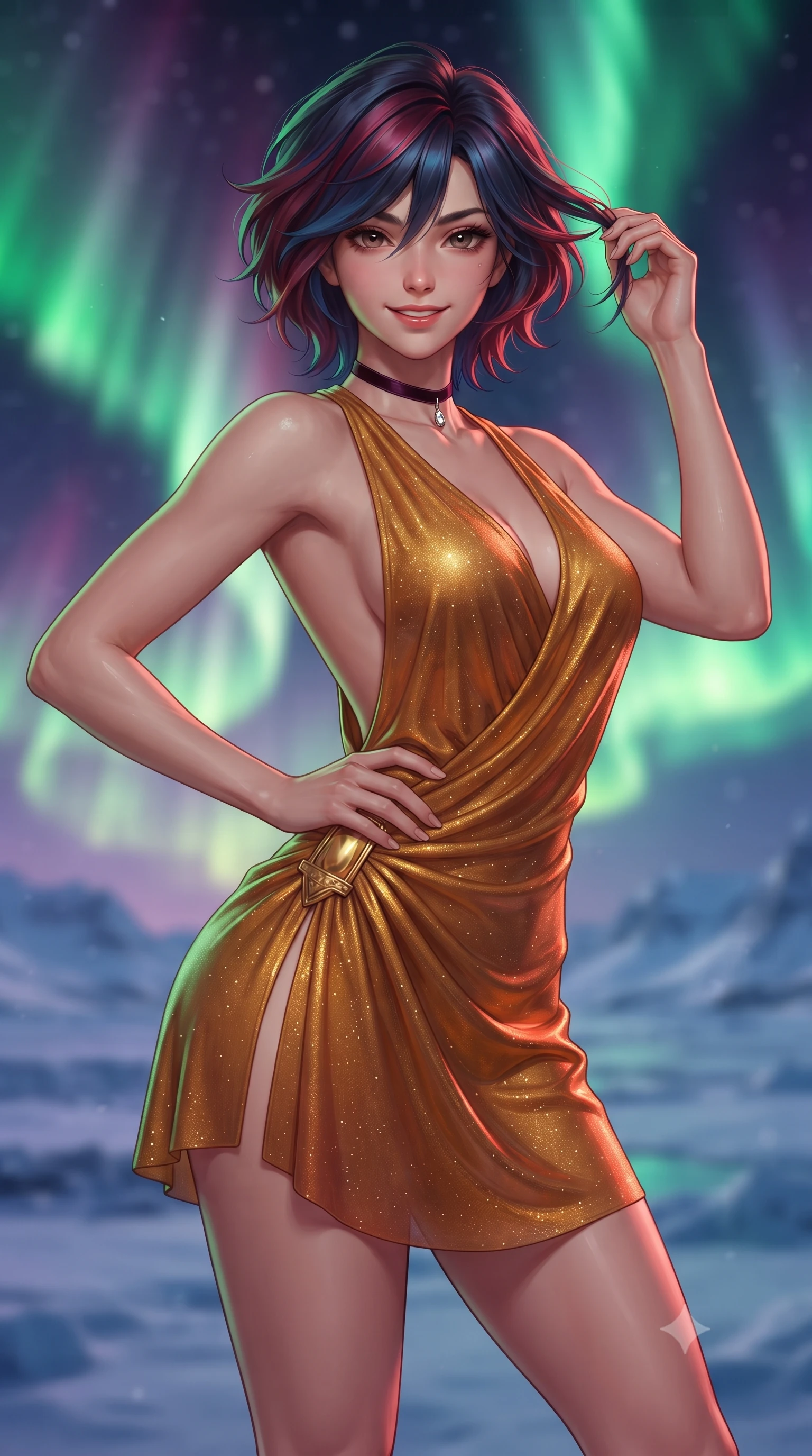 score_9, masterpiece, best quality, ultra-detailed, high-budget anime keyframe, editorial fashion photography, tasteful artistic composition, Korean woman. close-up cowboy shot from the waist and thighs up, the character dominates the composition, filling the frame with her large presence. twisting her slender torso in an alluring contrapposto stance, one hand resting on her sculpted hip while her fingers toy with her hair with effortless poise while twisting her slender torso in an alluring S-curve, dynamic green and crimson auroral waves cascading across her silhouette and curvy hips. The background shows a soft-focus monumental multi-tiered aurora borealis corona shimmering across the polar sky, vast tundra snowfields, and distant icy peaks blurred into violet, lime, and obsidian bokeh. She has an exceptionally elegant, slender, and willowy female figure with an ultra-slim waist, flat toned midriff, narrow ribcage, and sculpted feminine hips creating an alluring, slim hourglass silhouette without bulk. sharp v-shaped jawline, high-bridge nose, sparkling eyes with hypnotic seductive depth, thick curled eyelashes, glossy parted lips with a natural dewy peach sheen, alluring bedroom-eyes with an enchanting coquettish smile, exuding magnetic siren charisma and sophisticated glamour, flawlessly proportioned anatomical accuracy, strict slender model proportions, natural body alignment, perfectly sculpted long slender limbs, ultra-slim waistline, clean dynamic posture without body distortion. wearing a draped Greek-goddess style silk chiffon mini toga dress with an open back and golden hip fibula in warm amber honey and antique gold leaf, woven from stretch metallic lurex jersey casting radiant starlight glints across her silhouette, finished with a thin velvet ribbon choker and a single teardrop diamond pendant, the precision-cut side openings and low-back scoop framing her graceful spine and the sensual sweep of her slim, toned hips. bathed in the dynamic shifting glow of the aurora borealis illuminating the night sky with vibrant green and violet hues. ultra-reflective glossy finish, specular highlights, rich textural contrasts, high-contrast stereoscopic depth, volumetric dynamic lighting, 2k, ultra detail, master piece, 9:16 ratio