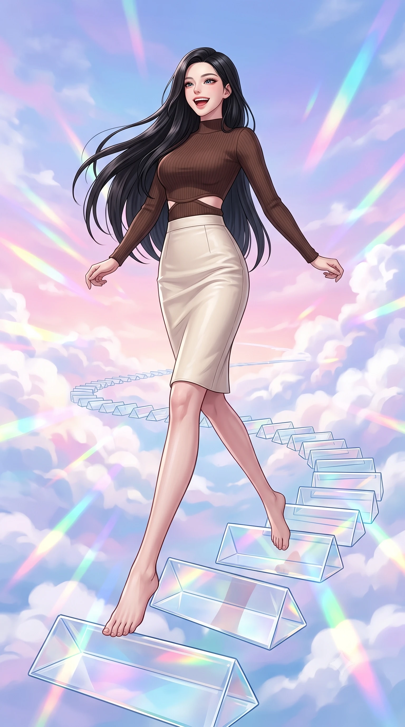 score_9, masterpiece, best quality, ultra-detailed, high-budget anime keyframe, editorial fashion photography, tasteful artistic composition, Korean woman. low angle full-body shot from head to toe showing her feet, filling the entire 9:16 vertical frame with her statuesque presence, stretching her vertical silhouette. leaping gracefully with a bright, joyful laugh through on a pathway made of solid triangular glass prisms floating in a pastel sky, bending all light that passes through it. She has a statuesque 8.5-heads proportion, an exceptionally tall, slender and willowy model-like build with impossibly long legs and a highly sculpted ultra-slim waist. sharp v-shaped jawline, high-bridge nose, intricate jewel-like eyes with depth, thick eyelashes, glossy lips with a natural sheen. wearing a chocolate brown knit top with a subtle waist-cutout detailing, paired with a cream leather pencil skirt. bright midday sun refracting through the glass prism path, casting vivid rainbow streaks across the surrounding white clouds. 2k, ultra detail, master piece, 9:16 ratio