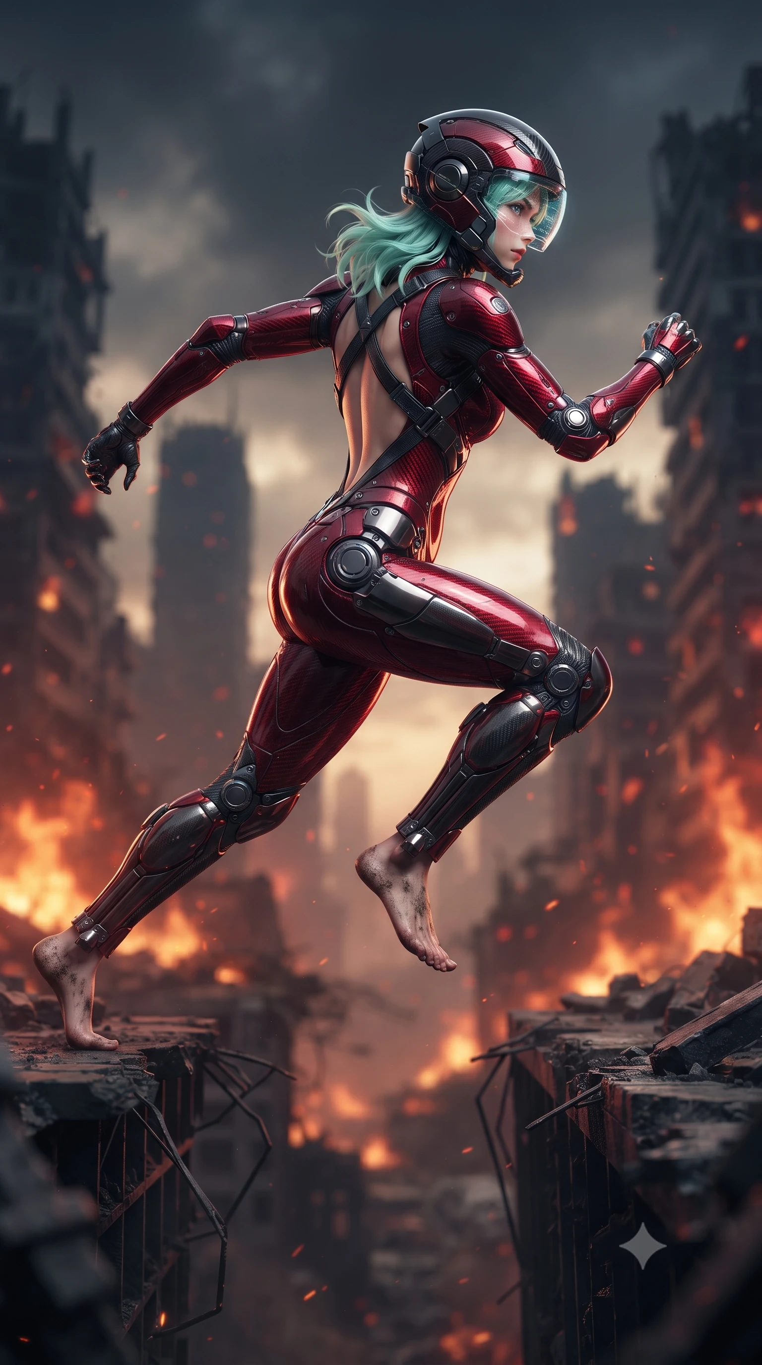 score_9, masterpiece, best quality, ultra-detailed, high-budget anime keyframe, editorial fashion photography, tasteful artistic composition, Japanese woman. low angle full-body shot from head to toe showing her feet, filling the entire 9:16 vertical frame with her statuesque presence, stretching her vertical silhouette. striding forward with sovereign warrior elegance in a low, predatory combat advance through the ruins, hips swaying with fierce athletic poise while leaping across a gaping structural chasm between ruined towers with flawless, fearless kinetic martial grace. The composition keeps background elements in soft focus with creamy bokeh. raging horizon fires and shattered skyscraper silhouettes blurred into dramatic charcoal, amber, and blood-crimson bokeh. She has an absolutely perfect, statuesque 8.5-heads proportion, an exceptionally tall and slender model-like female figure with impossibly long slender legs, a toned flat midriff, and an ultra-slim waist. sharp v-shaped jawline, high-bridge nose, intricate jewel-like eyes with depth, thick eyelashes, glossy lips with a natural sheen, fierce and resolute heroine expression, flawlessly proportioned anatomical accuracy, strict slender model proportions, natural body alignment, perfectly sculpted long slender limbs, ultra-slim waistline, clean dynamic posture without body distortion. wearing an open-face aerodynamic carbon-fiber combat helmet with a retracted transparent holographic HUD visor framing her sharp jawline and jewel-like eyes, paired with an ultra-sleek high-gloss carbon-composite exoskeleton suit featuring kinetic shock-absorbing shin guards and flexible limb articulation joints in deep battle-scarred crimson carbon weave with specular dark chrome accents, crafted from ultra-strong woven carbon-fiber composite with battle-tested satin luster, complemented by criss-cross back harness straps highlighting her completely bare spine, the form-contouring material adhering flawlessly to her sculpted flat midriff and slender torso, emphasizing her long leg lines and perfectly proportioned willowy build. surrounded by a majestic, solemn, and fiercely determined lone dystopian savior aura. ultra-reflective glossy finish, specular highlights, dark metallic sheen, high-contrast stereoscopic depth, volumetric dynamic lighting, 2k, ultra detail, master piece, 9:16 ratio