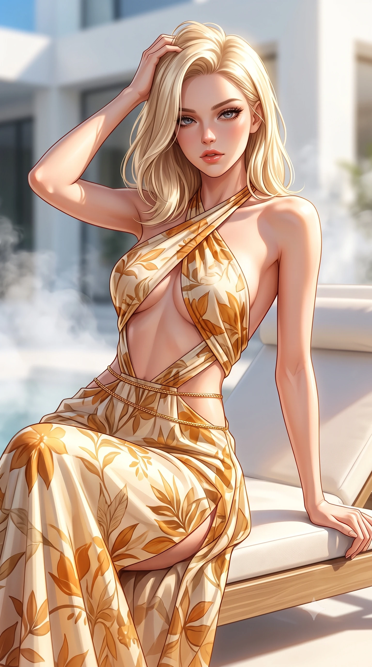 score_9, masterpiece, best quality, ultra-detailed, high-budget anime keyframe, semi-realistic 3D game render, editorial fashion photography, tasteful artistic composition, Caucasian woman. close-up cowboy shot from the waist and thighs up, the character dominates the composition, filling the frame with her large presence. leaning back with relaxed seductive grace, her sculpted collarbones highlighted by light, casting smoldering bedroom-eyes directly into the lens while sitting poised on the edge of the sunbed, running fingers through her sun-kissed hair with effortless supermodel charm. The composition keeps background elements in soft focus with creamy bokeh. sleek white architecture and ambient vapor mist softened in bright dreamy shallow focus. She has an exceptionally elegant, slender, and willowy female figure with an ultra-slim waist, a gracefully sculpted slender torso, toned flat midriff, and a refined slim silhouette. sharp v-shaped jawline, high-bridge nose, intricate jewel-like eyes with depth, thick eyelashes, glossy parted lips with a natural sheen, intensely captivating and seductive expression, flawlessly proportioned anatomical accuracy, strict slender model proportions, natural body alignment, perfectly sculpted long slender limbs, ultra-slim waistline, clean dynamic posture without body distortion. wearing an open-waist botanical print silk maxi gown with crossed halter straps and bare back in warm amber honey and natural linen cream, crafted from weightless prism organza that refracts light with every motion, accented with an ultra-slim golden waist chain accentuating her flat midriff, the precision-cut architectural openings accentuating her delicate midriff, graceful bare collarbones, and feminine curves with statuesque precision. surrounded by an optimistic, radiant, and breathlessly beautiful eco-utopian goddess aura. highly saturated vibrant anime colors, detailed shading with soft gradients, rich glossy textures, high-contrast stereoscopic depth, volumetric dynamic lighting, master piece, 9:16 ratio