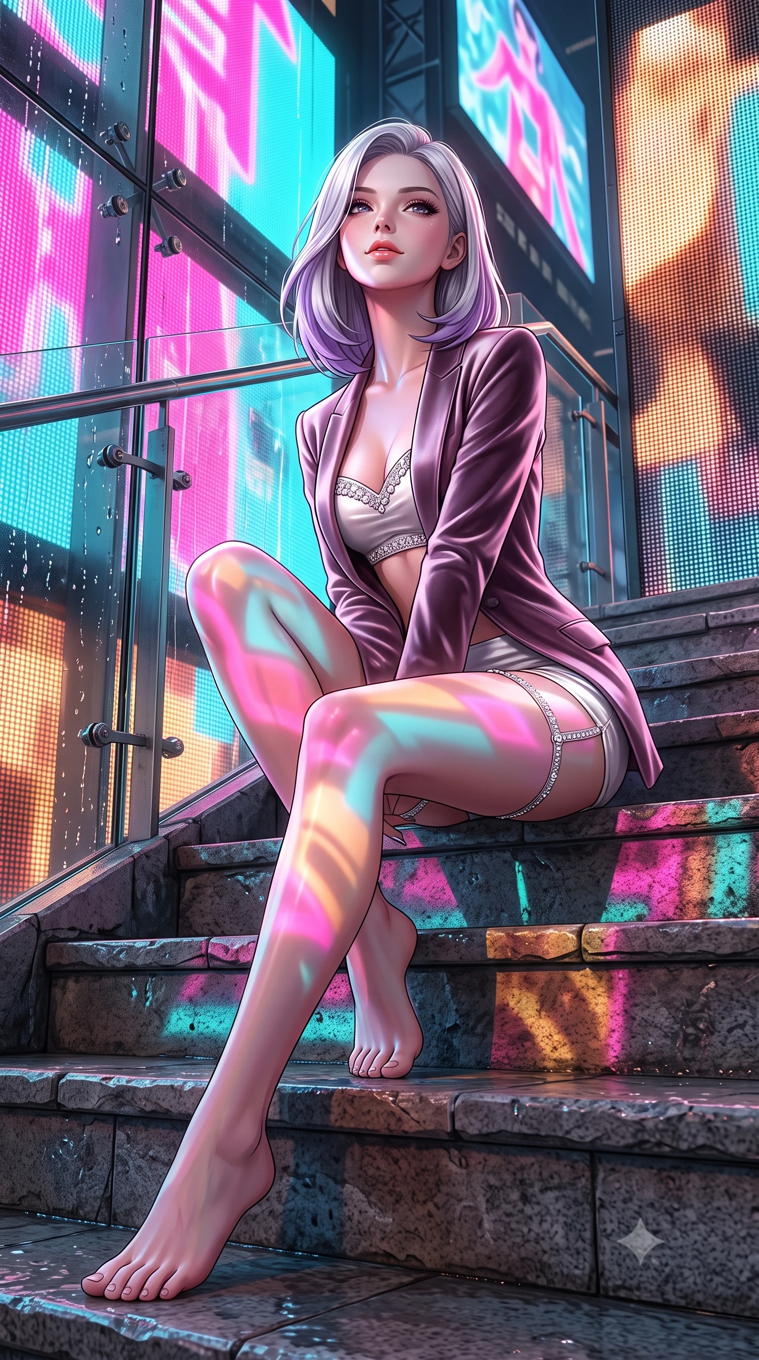 score_9, masterpiece, best quality, ultra-detailed, high-budget anime keyframe, semi-realistic 3D game render, editorial fashion photography, tasteful artistic composition, Caucasian woman. low angle full-body shot from head to toe showing her feet, filling the entire 9:16 vertical frame with her statuesque presence, stretching her vertical silhouette. sitting poised on the stone steps with one knee bent, arching her spine with supermodel elegance as she glances upward through thick eyelashes while twisting her slender torso in an alluring contrapposto stance, giant advertising screen video projections painting vibrant colors across her curves. The surrounding environment is rendered in vivid detail and crisp panoramic clarity: sharp exterior structural steel spider clamps, water droplets sliding down heated glass, and video screen pixel grids in deep focus. She has an absolutely perfect, statuesque 8.5-heads proportion, an exceptionally tall and slender model-like female figure with impossibly long slender legs, an ultra-slim waist, a flat toned midriff, narrow delicate ribcage, and beautifully sculpted feminine hips creating a graceful, slim hourglass silhouette without any bulky heaviness. sharp v-shaped jawline, high-bridge nose, sparkling eyes with hypnotic seductive depth, thick curled eyelashes, glossy parted lips with a natural dewy peach sheen, alluring bedroom-eyes with an enchanting coquettish smile, exuding magnetic siren charisma and sophisticated glamour, flawlessly proportioned anatomical accuracy, strict slender model proportions, natural body alignment, perfectly sculpted long slender limbs, ultra-slim waistline, clean dynamic posture without body distortion. wearing a tailored open-front satin smoking jacket worn over a jewel-embellished bandeau and micro-shorts in pure pearl alabaster with platinum sheen, tailored from ultra-plush velvet with rich tactile depth and deep shadow gradients, finished with delicate crystal-encrusted thigh garter straps glinting in the dim light, the precision-cut side openings and low-back scoop framing her graceful spine and the sensual sweep of her slim, toned hips. bathed in dynamic shifting saturated neon pink, cyan, and amber light projected horizontally from monumental electronic billboards. highly saturated vibrant anime colors, detailed shading with soft gradients, rich glossy textures, high-contrast stereoscopic depth, volumetric dynamic lighting, master piece, 9:16 ratio