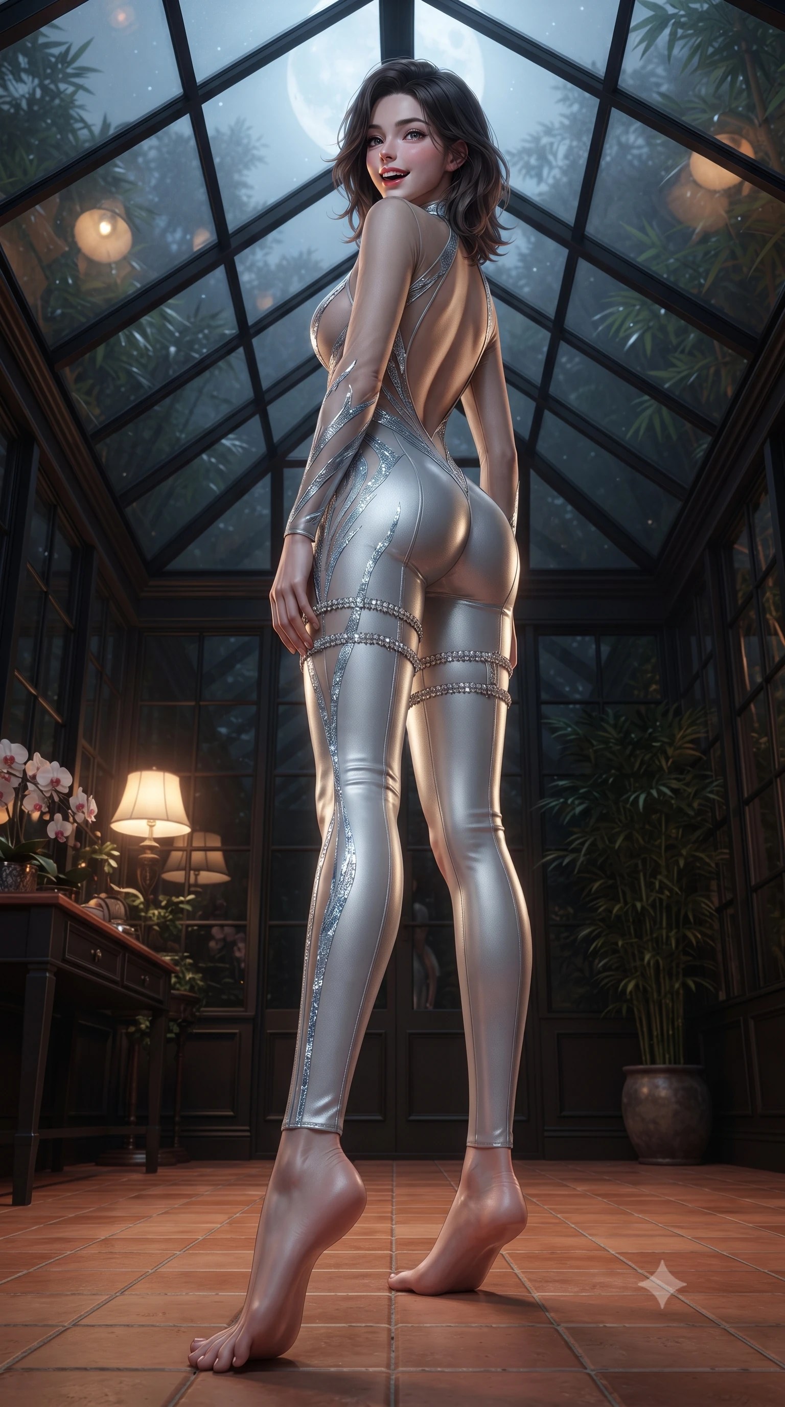 score_9, masterpiece, best quality, ultra-detailed, high-budget anime keyframe, editorial fashion photography, tasteful artistic composition, Korean woman. low angle full-body shot from head to toe showing her feet, filling the entire 9:16 vertical frame with her statuesque presence, stretching her vertical silhouette. executing a slow, graceful pivot turn as her skirt sways around her slender legs, glancing back with an enchanting, teasing sensual expression while standing poised beneath the pitched glass roof of the private conservatory, arching her lower back as moonbeams dance through bamboo fronds. The surrounding environment is rendered in vivid detail and crisp panoramic clarity: sharp black steel glass mullions, terracotta floor tile grout lines, and intricate orchid petal textures in deep focus. She has an exceptionally tall and slender model-like 8.5-heads proportion, an ultra-slim waist, a flat toned midriff, narrow delicate ribcage, and beautifully sculpted feminine hips creating a graceful, slim hourglass silhouette without any bulky heaviness, with impossibly long slender legs. sharp v-shaped jawline, high-bridge nose, intricate jewel-like sparkling eyes with depth, thick eyelashes, glossy parted lips with a natural peach sheen, bright cheerful beaming smile with an enchanting and coquettish sensual glint, exuding both youthful cute charm and seductive allure, flawlessly proportioned anatomical accuracy, strict slender model proportions, natural body alignment, perfectly sculpted long slender limbs, ultra-slim waistline, clean dynamic posture without body distortion. wearing a backless sheer illusion mesh catsuit with strategic crystalline silver flocking tracing her long slender leg lines in Tromsø icy arctic blue and frosted platinum, woven from buttery-soft stretch lambskin leather adhering to her body like a second skin, finished with delicate crystal-encrusted thigh garter straps glinting in the dim light, the second-skin tailored fabric adhering flawlessly to her sculpted flat midriff and slender torso, emphasizing her long leg lines and perfectly proportioned willowy build. bathed in the moody warm 2300K glow of antique brass reading lamps mixed with silver moonlight through glass. ultra-reflective glossy finish, specular highlights, rich textural contrasts, high-contrast stereoscopic depth, volumetric dynamic lighting, 2k, ultra detail, master piece, 9:16 ratio