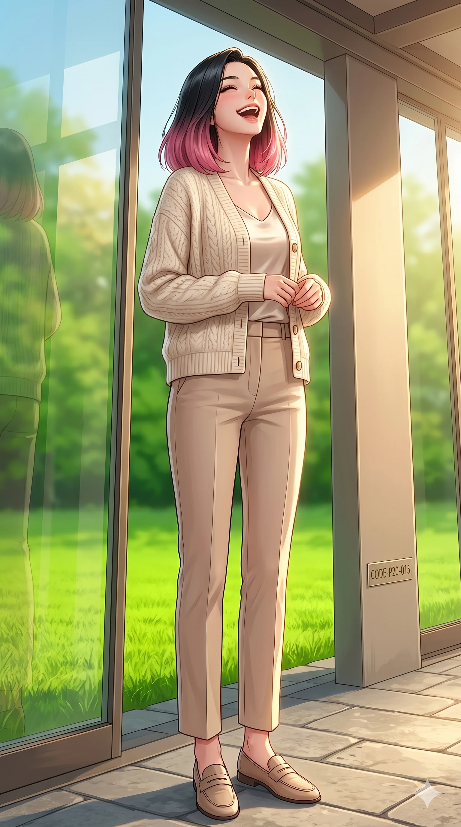 score_9, masterpiece, best quality, ultra-detailed, high-budget anime keyframe, vibrant anime aesthetic, Korean woman. low angle full-body shot from head to toe showing her feet, filling the entire 9:16 vertical frame with her statuesque presence, stretching her vertical silhouette. She is tossing her head back with a joyful laugh, her lips curved into a warm smile by a quiet outdoor tea pavilion with sunny glass panels showing a lush green lawn (Code-P20-015). She has an absolutely perfect 8-heads proportion, an exceptionally tall and slender female figure with impossibly long slender legs and an ultra-slim waist. V-shaped jawline, high-bridge nose, intricate jewel-like eyes with depth, thick eyelashes, glossy lips with a natural sheen. wearing a cozy wool cardigan over a silk shirt and straight-leg trousers. She is drenched in warm morning sunshine, tracing the elegant lines of her shoulders. 2k, ultra detail, master piece, 9:16 ratio