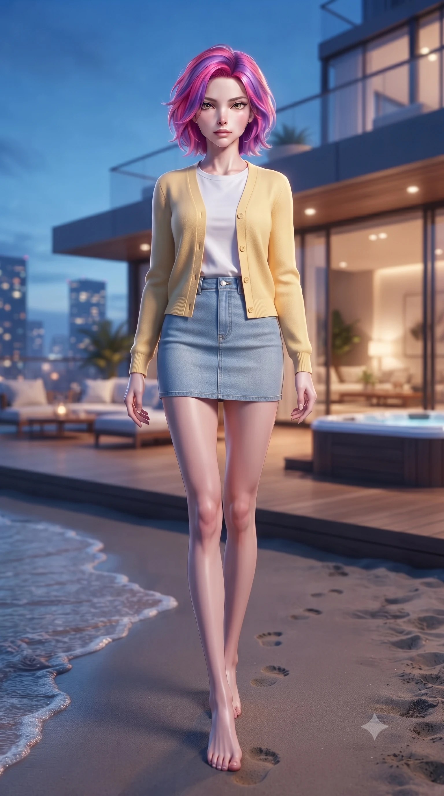 score_9, masterpiece, best quality, ultra-detailed, high-budget anime keyframe, editorial fashion photography, tasteful artistic composition, Caucasian woman woman. low angle full-body shot from head to toe showing her feet, filling the entire 9:16 vertical frame with her statuesque presence, stretching her vertical silhouette. walking slowly along the shoreline, leaving footprints in the wet sand the background shows a soft-focus a wooden deck of a high-rise penthouse, with outdoor furniture and a private jacuzzi. She has an absolutely perfect, statuesque 8.5-heads proportion, an exceptionally tall and slender model-like female figure with impossibly long slender legs and an ultra-slim waist. sharp v-shaped jawline, high-bridge nose, intricate jewel-like eyes with depth, thick eyelashes, glossy lips with a natural sheen. wearing a tailored soft yellow cardigan over a white t-shirt and light blue denim skirt. glittering city lights starting to turn on in the blue twilight background. ultra-reflective glossy finish, specular highlights, metallic sheen, high-contrast stereoscopic depth, volumetric dynamic lighting, 2k, ultra detail, master piece, 9:16 ratio