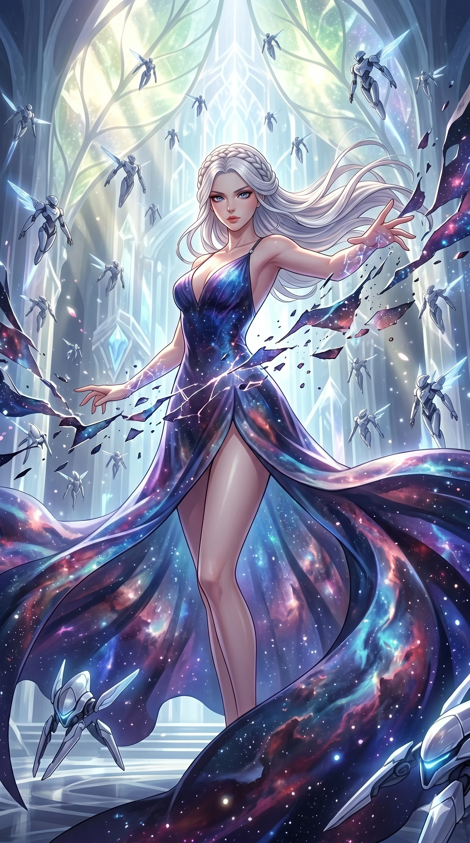 score_9, masterpiece, best quality, ultra-detailed, Set A: High-budget Anime Keyframe, Caucasian (human ears) woman. Upper body close-up from the thighs up, character filling the screen for maximum presence. Theme: Abstract Cosmic. shattering the fabric of reality in a temple made of solid light, surrounded by 49 hovering guardian drones. The atmosphere is filled with cinematic sunlight through leaves. She has an absolutely perfect 8-heads proportion, an exceptionally tall and slender female figure with impossibly long slender legs and an ultra-slim waist. Sharp v-shaped jawline, high-bridge nose, intricate jewel-like eyes with depth, glossy lips. Wearing Ethereal star-gazer gown with a massive flowing train that looks like a nebula. Cinematic lighting, vivid colors, dramatic shadows, 2k, ultra detail, master piece, 9:16 ratio