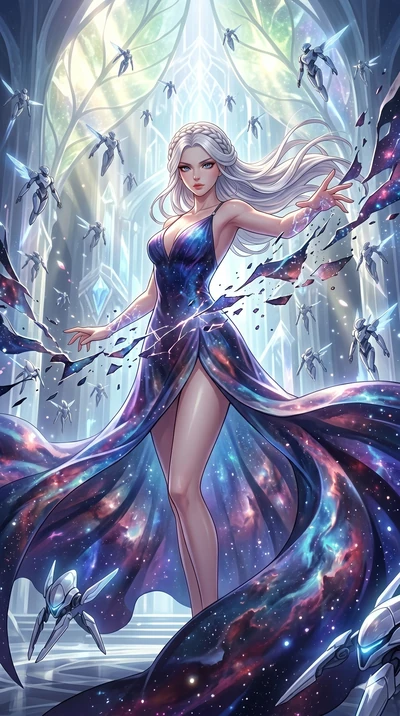 score_9, masterpiece, best quality, ultra-detailed, Set A: High-budget Anime Keyframe, Caucasian (human ears) woman. Upper body close-up from the thighs up, character filling the screen for maximum presence. Theme: Abstract Cosmic. shattering the fab