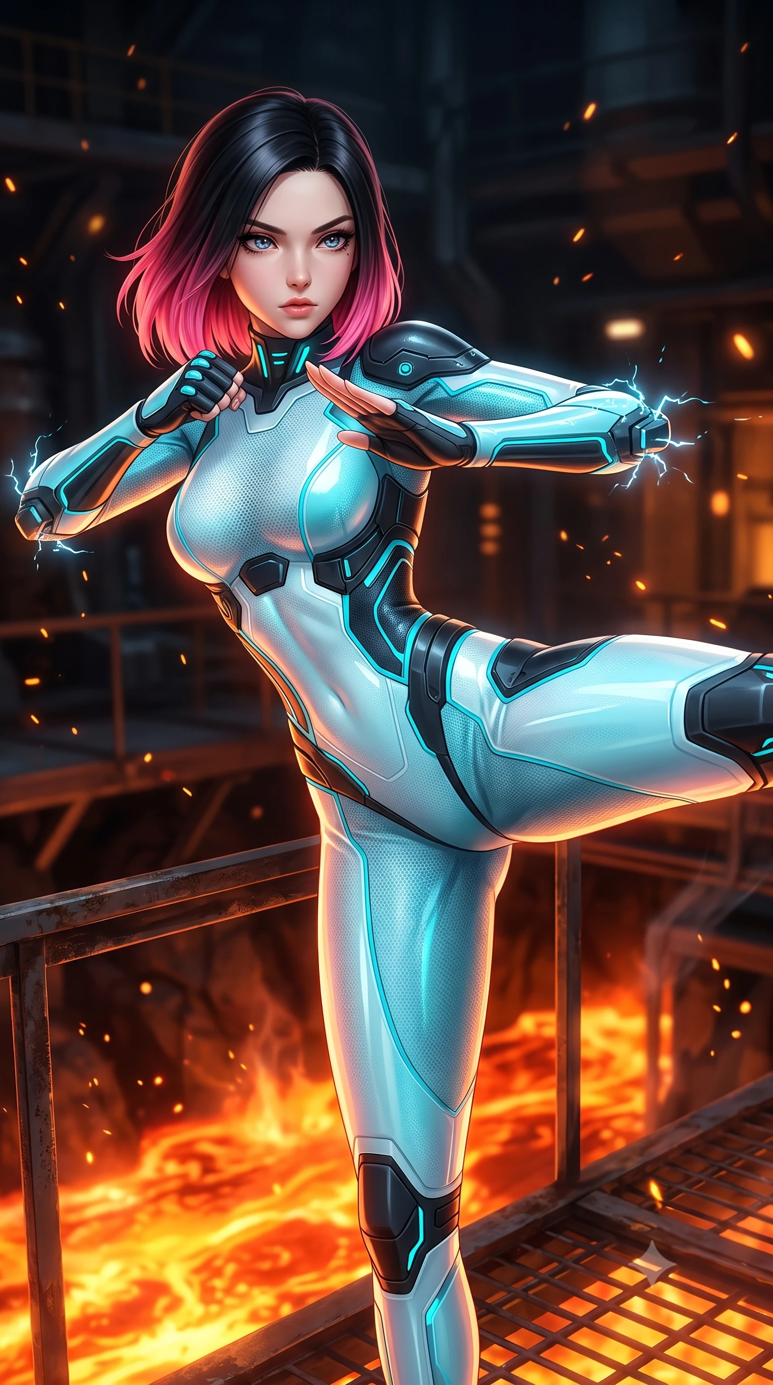 score_9, masterpiece, best quality, ultra-detailed, high-budget anime keyframe, semi-realistic 3D game render, editorial fashion photography, tasteful artistic composition, Korean woman. close-up cowboy shot from the waist and thighs up, the character dominates the composition, filling the frame with her large presence. twisting her upper body in a dynamic S-curve martial arts stance, cybernetic elbow dampers emitting subtle electric sparks as she aims a focused palm strike while executing a high-speed rotational low sweep kick along a steel catwalk suspended above rivers of glowing geothermal magma. The composition keeps background elements in soft focus with creamy bokeh. blazing thermal air ripples and sparks scattering glowing light motes across a dark industrial backdrop. She has an exceptionally elegant, slender, and willowy female figure with an ultra-slim waist, a gracefully sculpted slender torso, toned flat midriff, and a refined slim silhouette. sharp v-shaped jawline, high-bridge nose, intricate jewel-like eyes with depth, thick eyelashes, glossy lips with a natural sheen, flawlessly proportioned anatomical accuracy, strict slender model proportions, natural body alignment, perfectly sculpted long slender limbs, ultra-slim waistline, clean dynamic posture without body distortion. wearing an ultra-sleek glacial-cyan and white carbon-mesh combat bodysuit with frost-resistant kinetic shock-absorber plating in matte obsidian carbon black with electric cyan conduits, crafted from semi-translucent cybernetic carbon-vinyl interwoven with glowing micro-filaments, featuring a sleek aerodynamic collar framed by subtle glowing cybernetic status LEDs, the liquid-tight tailored fabric emphasizing every curve of her tall, slender model proportions and sculptured silhouette during dynamic movement. bathed in blazing orange magma uplights and warm amber reactor ambient radiance. rich saturated anime colors with glowing neon highlights, detailed shading with soft gradients, rich glossy textures, high-contrast stereoscopic depth, volumetric dynamic lighting, master piece, 9:16 ratio