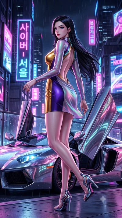 score_9, masterpiece, best quality, ultra-detailed, high-budget anime keyframe, semi-realistic 3D game render, editorial fashion photography, tasteful artistic composition, Korean woman. low angle full-body shot from head to toe showing her feet, fil