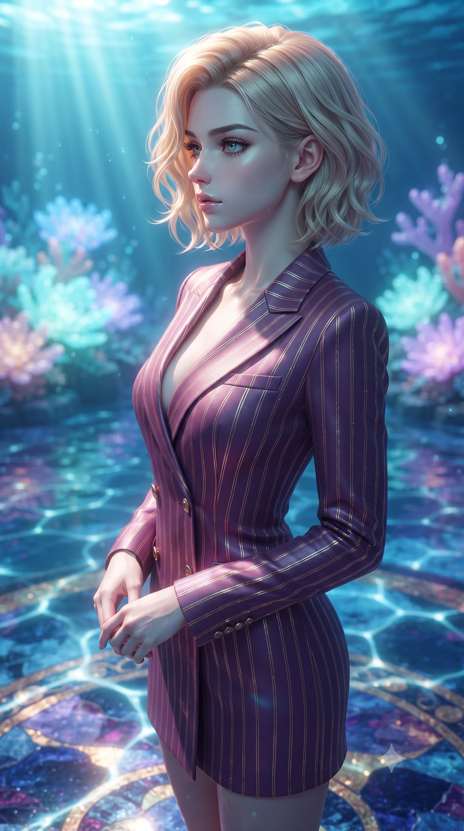 score_9, masterpiece, best quality, ultra-detailed, high-budget anime keyframe, editorial fashion photography, tasteful artistic composition, Caucasian woman. close-up cowboy shot from the waist and thighs up, the character dominates the composition, filling the frame with her large presence, background elements kept in soft focus. Turning her face in sharp dramatic profile against the bright light, showcasing her sharp v-shaped jawline gliding over a mosaic marble floor illuminated by caustic water ripples, glowing coral blossoms emitting soft aqua and lavender light. She has an exceptionally elegant, slender, and willowy female figure with an ultra-slim waist, a gracefully sculpted slender torso, and a refined silhouette. sharp v-shaped jawline, high-bridge nose, intricate jewel-like eyes with depth, thick eyelashes, glossy lips with a natural sheen. wearing a double-breasted blazer dress with metallic pin-stripes in plum purple and gold filigree, crafted from smooth liquid silk, accented with a Tasteful chest slit framing her clavicle gracefully, the tailored fabric tightly following every curve of her athletic build. bathed in brilliant underwater sunbeams and soft turquoise caustic glow. ultra-reflective glossy finish, specular highlights, metallic sheen, high-contrast stereoscopic depth, volumetric dynamic lighting, 2k, ultra detail, master piece, 9:16 ratio