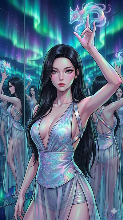 score_9, masterpiece, best quality, ultra-detailed, high-budget anime movie keyframe, cinematic anime lighting, intricate line art, Korean woman. Medium shot of upper body capturing the intricate details of her high-fashion attire. summoning mystical