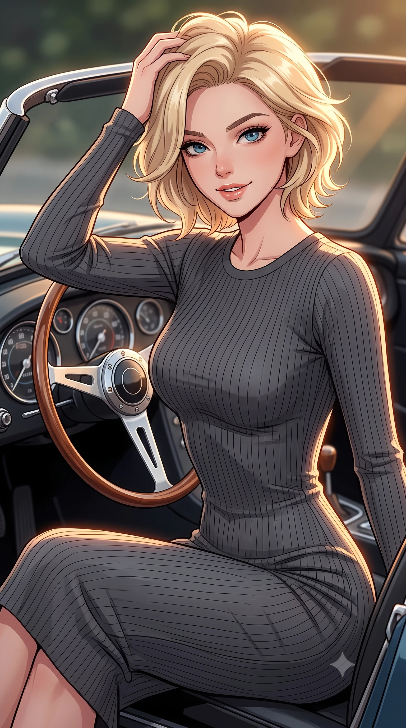 score_9, masterpiece, best quality, ultra-detailed, high-budget anime keyframe, tasteful artistic composition, Caucasian woman. close-up cowboy shot from the waist and thighs up, the character dominates the composition, filling the frame with her large presence, background elements kept in soft focus. smiling with quiet, magnetic self-assurance directly into the camera, running a hand through her hair the background shows a soft-focus the driver seat of a classic roadster with wooden steering wheel and chrome dials. She has an exceptionally elegant, slender, and willowy female figure with an ultra-slim waist, a gracefully sculpted slender torso, and a refined silhouette. sharp v-shaped jawline, high-bridge nose, intricate jewel-like eyes with depth, thick eyelashes, glossy lips with a natural sheen. wearing a body-hugging form-contouring ribbed bodycon midi dress in charcoal grey with long sleeves. warm golden hour light tracing her silhouette with a soft glowing rim light. highly saturated vibrant anime colors, cel-shading, 2d style, master piece, 9:16 ratio
