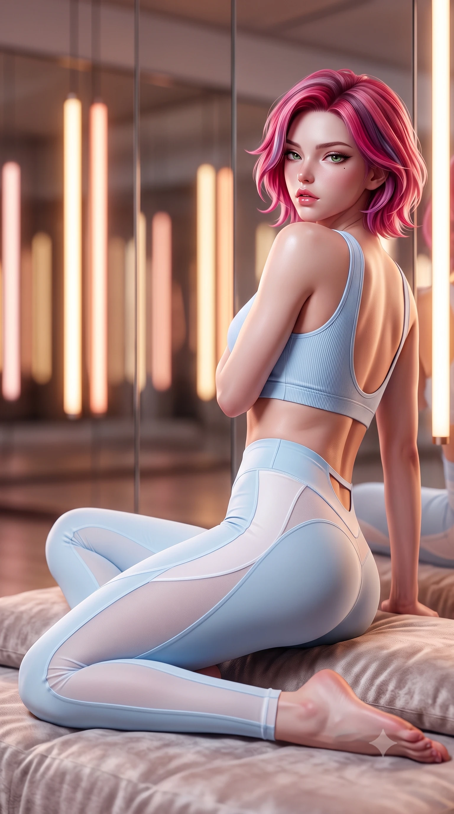 score_9, masterpiece, best quality, ultra-detailed, high-budget anime keyframe, semi-realistic 3D game render, editorial fashion photography, tasteful artistic composition, Caucasian woman. low angle full-body shot from head to toe showing her feet, filling the entire 9:16 vertical frame with her statuesque presence, stretching her vertical silhouette. reclining on her side in an elegant Cleopatra pose with one knee drawn up, the dramatic contour of her rounded hips and long slender legs commanding the 9:16 vertical frame while standing with her back to the floor-to-ceiling mirror, looking over her bare shoulder with hips cocked dramatically in an alluring high-fashion stance. The composition keeps background elements in soft focus with creamy bokeh. infinite studio mirror reflections and warm vertical light tubes blurred into glowing amber, rose-gold, and ivory bokeh. She has an absolutely perfect, statuesque 8.5-heads proportion, an exceptionally tall and slender model-like female figure with impossibly long slender legs, a toned flat midriff, an ultra-slim waist, and beautifully sculpted feminine hips. sharp v-shaped jawline, high-bridge nose, intricate jewel-like eyes with depth, thick eyelashes, glossy parted lips with a natural sheen, intensely captivating and seductive bedroom-eyes expression, flawlessly proportioned anatomical accuracy, strict slender model proportions, natural body alignment, perfectly sculpted long slender limbs, ultra-slim waistline, clean dynamic posture without body distortion. wearing a seamless ribbed athletic crop top paired with ultra-high-waisted sculpting leggings accentuating her glutes in icy powder blue and pearl white, made of sheer contouring power-mesh panels with anatomical curve lines, finished with high-cut leg elastic bands defining her long leg lines, the precision-cut side openings and low-back scoop framing her graceful spine and the sensual sweep of her hips. surrounded by a disciplined, sensual, and exquisitely graceful haute-couture dancer aura. highly saturated vibrant anime colors, detailed shading with soft gradients, rich glossy textures, high-contrast stereoscopic depth, volumetric dynamic lighting, master piece, 9:16 ratio