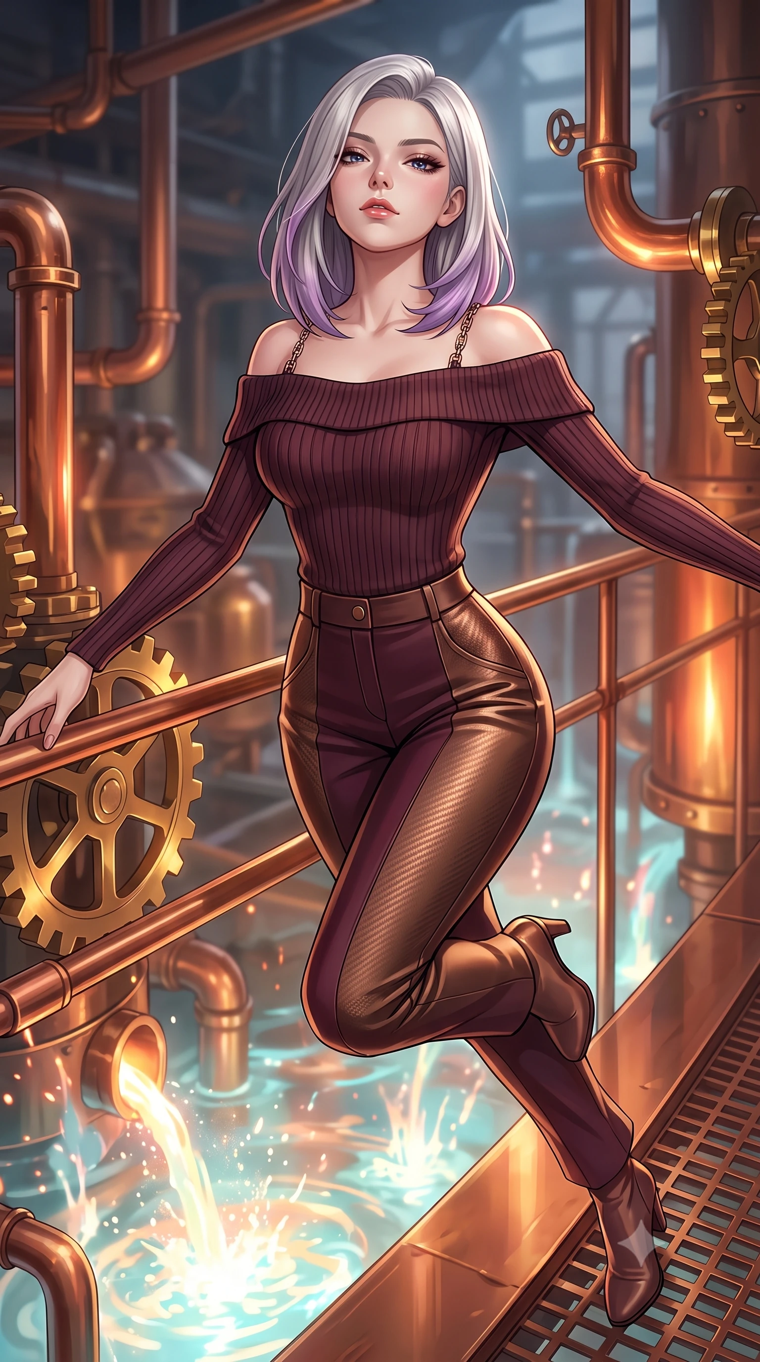 score_9, masterpiece, best quality, ultra-detailed, high-budget anime keyframe, editorial fashion photography, tasteful artistic composition, Caucasian woman. close-up cowboy shot from the waist and thighs up, the character dominates the composition, filling the frame with her large presence, background elements kept in soft focus. Tilting her chin up with an air of effortless superiority while balancing dynamically amidst the scene while leaping across a copper catwalk as boiling liquid aurora energy erupts below, intricate copper pipes and brass gears gleam with furnace heat reflections. She has an exceptionally elegant, slender, and willowy female figure with an ultra-slim waist, a gracefully sculpted slender torso, and a refined silhouette. sharp v-shaped jawline, high-bridge nose, intricate jewel-like eyes with depth, thick eyelashes, glossy lips with a natural sheen, flawlessly proportioned anatomical accuracy, natural body alignment, perfectly sculpted elegant limbs, clean dynamic posture without body distortion. wearing a sleek off-shoulder ribbed knit top paired with high-waist tailored pants in deep burgundy and bronze, made of fine carbon-fiber weave and soft matte leather, adorned with delicate metallic chain straps along the neckline, the form-contouring material highlighting her ultra-slim waist and long lines. surrounded by a warm, powerful industrial alchemy atmosphere. highly saturated vibrant anime colors, detailed shading with soft gradients, rich glossy textures, high-contrast stereoscopic depth, volumetric dynamic lighting, master piece, 9:16 ratio