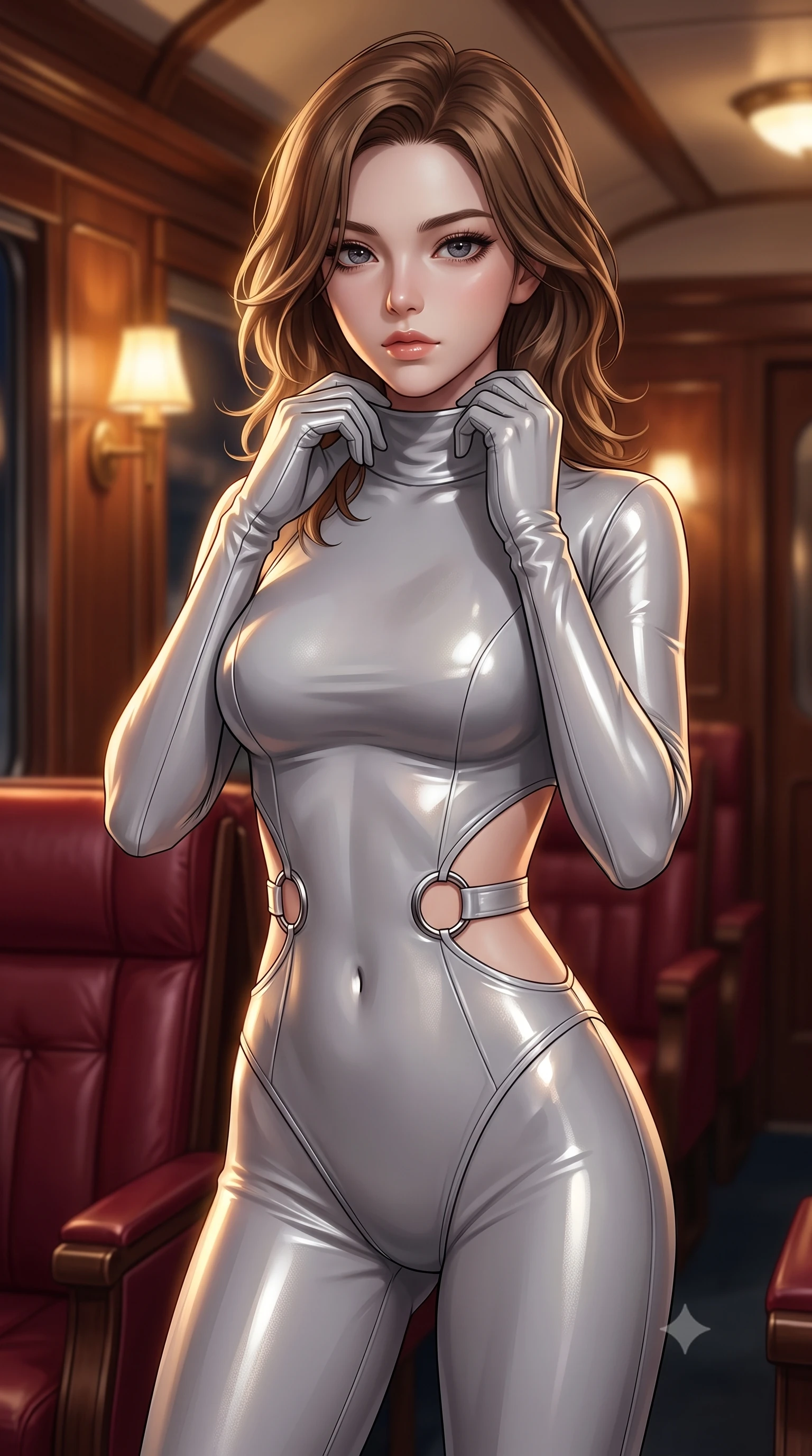 score_9, masterpiece, best quality, ultra-detailed, high-budget anime keyframe, editorial fashion photography, tasteful artistic composition, Korean woman. close-up cowboy shot from the waist and thighs up, the character dominates the composition, filling the frame with her large presence, background elements kept in soft focus. adjusting the high collar of her body-hugging suit, looking past the camera with quiet, sharp focus and a composed expression, the background shows a soft-focus a train lounge car with deep crimson leather seats and wood panels. She has an exceptionally elegant, slender, and willowy female figure with an ultra-slim waist, a gracefully sculpted slender torso, and a refined silhouette. sharp v-shaped jawline, high-bridge nose, intricate jewel-like eyes with depth, thick eyelashes, glossy lips with a natural sheen. wearing a tailored light carbon-plate combat bodysuit featuring dramatic geometric open-waist cutouts framed by chrome ring hardware. warm golden lamplight casting cozy, intimate shadows on her outfit. ultra-reflective glossy finish, specular highlights, metallic sheen, high-contrast stereoscopic depth, volumetric dynamic lighting, 2k, ultra detail, master piece, 9:16 ratio