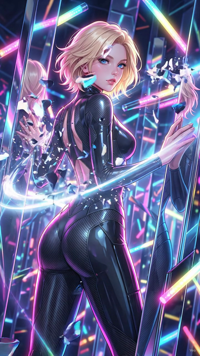 A high-budget anime video with dynamic particle motion. The digital fragments and glowing shards floating around the character pulse and flow in a fluid, circular pattern. The camera slowly zooms in with a slight tilt. Rainbow lens flares and volumet