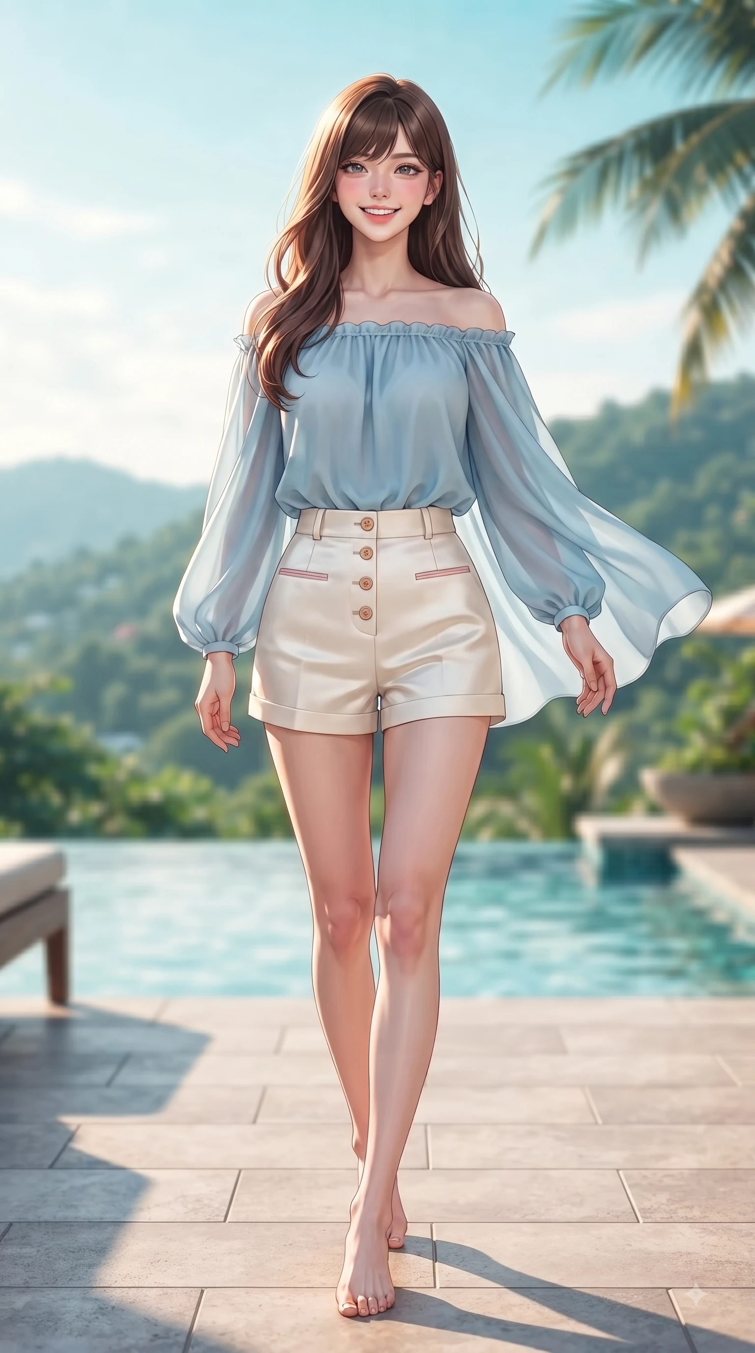 score_9, masterpiece, best quality, ultra-detailed, high-budget anime keyframe, editorial fashion photography, tasteful artistic composition, Korean woman. low angle full-body shot from head to toe showing her feet, filling the entire 9:16 vertical frame with her statuesque presence, stretching her vertical silhouette. walking forward in a proud dynamic stride with a cheerful beaming smile, her vertical silhouette filling the frame while pivoting dynamically on an open-air resort terrace with a breathtaking view of lush green hills. The composition keeps background elements in soft focus with dreamy bokeh. sparkling pool water and palm fronds blurred into crisp, dreamy turquoise background bokeh. She has an absolutely perfect, statuesque 8.5-heads proportion, an exceptionally tall and slender model-like female figure with impossibly long slender legs and an ultra-slim waist. sharp v-shaped jawline, high-bridge nose, intricate jewel-like eyes with depth, thick eyelashes, glossy lips with a natural sheen, flawlessly proportioned anatomical accuracy, natural body alignment, perfectly sculpted elegant limbs, clean dynamic posture without body distortion. wearing a light blue off-shoulder chiffon blouse paired with tailored ivory shorts in cherry blossom pink and soft beige, crafted from smooth fluid silk satin, finished with neat front wooden buttons and pocket details, the soft airy drape swaying gracefully with her dynamic movements. illuminated by warm golden afternoon sunbursts casting crisp highlights. ultra-reflective glossy finish, specular highlights, metallic sheen, high-contrast stereoscopic depth, volumetric dynamic lighting, 2k, ultra detail, master piece, 9:16 ratio