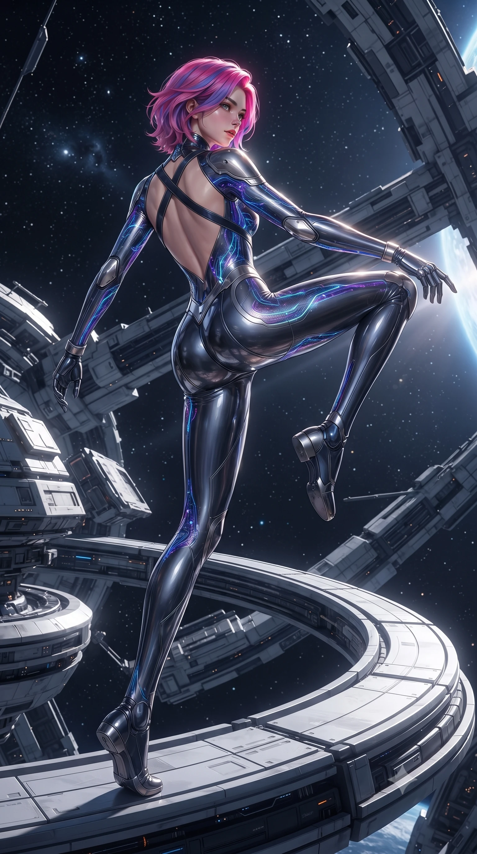 score_9, masterpiece, best quality, ultra-detailed, high-budget anime keyframe, editorial fashion photography, tasteful artistic composition, Caucasian woman. low angle full-body shot from head to toe showing her feet, filling the entire 9:16 vertical frame with her statuesque presence, stretching her vertical silhouette. executing a breathtaking zero-gravity high-kick with full 180-degree vertical extension, her impossibly long slender legs dominating the frame with razor-sharp poise while striding gracefully along the outer perimeter ring with arms held in loose, relaxed Panzer Kunst mastery. The surrounding environment is rendered in vivid detail and crisp panoramic clarity. high-contrast orbital chiaroscuro and monumental space-age engineering captured with environmental precision. She has an absolutely perfect, statuesque 8.5-heads proportion, an exceptionally tall and slender model-like female figure with impossibly long slender legs, a toned flat midriff, and an ultra-slim waist. sharp v-shaped jawline, high-bridge nose, intricate jewel-like eyes with depth, thick eyelashes, glossy lips with a natural sheen, flawlessly proportioned anatomical accuracy, strict slender model proportions, natural body alignment, perfectly sculpted long slender limbs, ultra-slim waistline, clean dynamic posture without body distortion. wearing a statuesque midnight cobalt carbon-fiber battle-suit with platinum trim, reinforced kinetic palm plates, and an ultra-slim waistline in electric cobalt blue carbon with polished platinum trim, crafted from semi-translucent cybernetic carbon-vinyl interwoven with glowing micro-filaments, complemented by criss-cross back harness straps highlighting her completely bare spine, the liquid-tight tailored fabric emphasizing every curve of her tall, slender model proportions and sculptured silhouette during dynamic movement. illuminated by crisp specular highlights tracing her sculpted collarbones, waistline, and long slender legs. ultra-reflective glossy finish, specular highlights, dark metallic sheen, high-contrast stereoscopic depth, volumetric dynamic lighting, 2k, ultra detail, master piece, 9:16 ratio