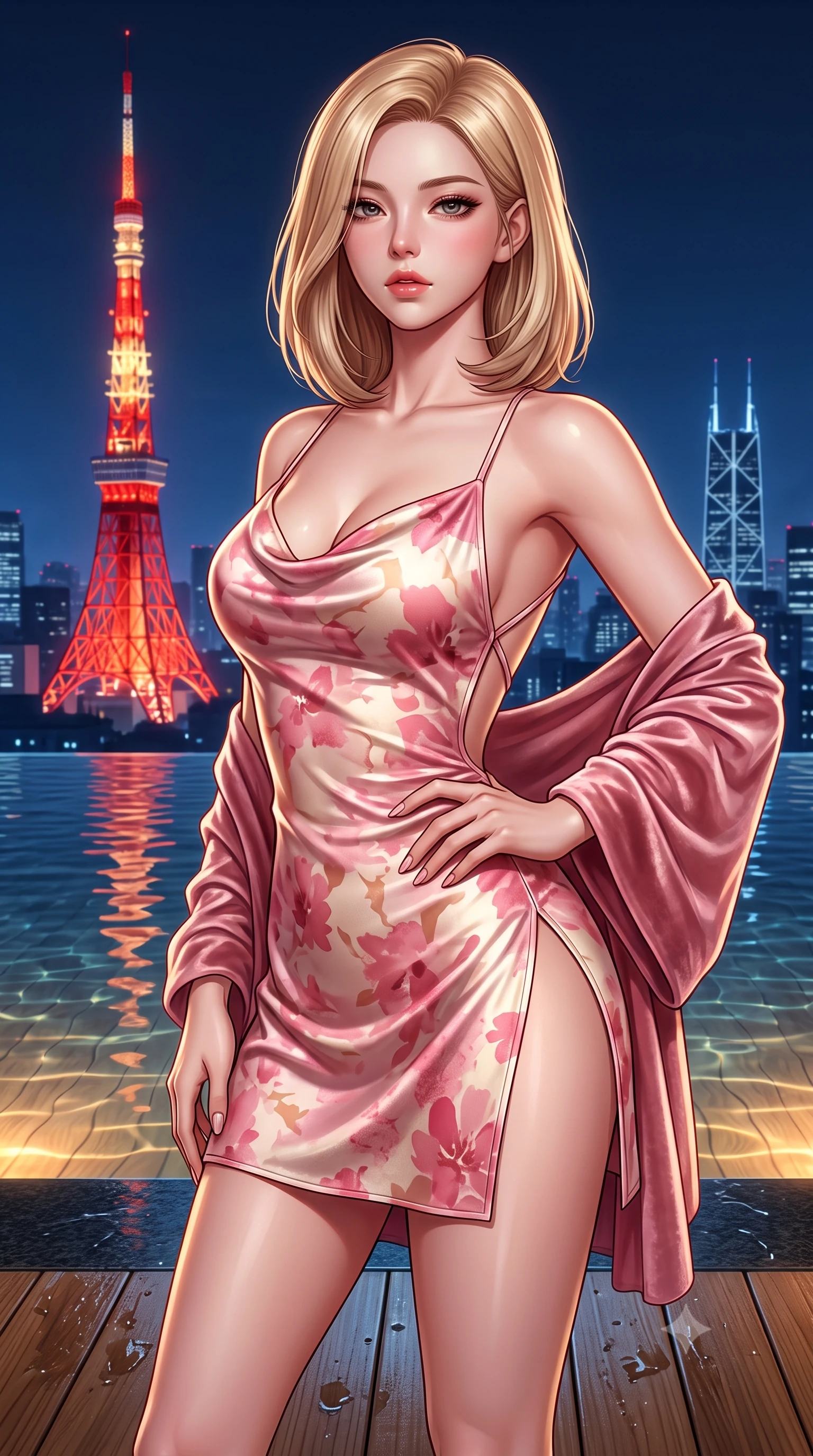 score_9, masterpiece, best quality, ultra-detailed, high-budget anime keyframe, semi-realistic 3D game render, editorial fashion photography, tasteful artistic composition, Korean woman. close-up cowboy shot from the waist and thighs up, the character dominates the composition, filling the frame with her large presence. resting one manicured hand delicately on her hip bone, her upper body turning in a fluid, seductive S-curve while parted lips glisten in the light while standing poised on the wet hinoki wooden deck beside the water's edge, turning in an alluring silhouette as Tokyo Tower glows crimson behind her. The surrounding environment is rendered in vivid detail and crisp panoramic clarity. sharp black granite waterline caustics, wet hinoki wood grain, and distant skyscraper lattice spires in deep focus. She has an exceptionally elegant, slender, and willowy female figure with an ultra-slim waist, flat toned midriff, narrow ribcage, and sculpted feminine hips creating an alluring, slim hourglass silhouette without bulk. sharp v-shaped jawline, high-bridge nose, intricate jewel-like eyes with depth, thick eyelashes, glossy parted lips with a natural sheen, intensely captivating and seductive bedroom-eyes expression, flawlessly proportioned anatomical accuracy, strict slender model proportions, natural body alignment, perfectly sculpted long slender limbs, ultra-slim waistline, clean dynamic posture without body distortion. wearing a backless cowl-neck satin slip dress featuring high-cut side hip slits and delicate criss-cross back straps in sakura blossom pink and warm ivory, crafted from heavyweight crushed silk velvet with liquid vintage luster, complemented by a plush velvet shawl draped loosely over her elbows, the precision-cut side openings and low-back scoop framing her graceful spine and the sensual sweep of her slim, toned hips. bathed in warm submerged amber pool lights contrasting with cool midnight blue metropolitan skylight. highly saturated vibrant anime colors, detailed shading with soft gradients, rich glossy textures, high-contrast stereoscopic depth, volumetric dynamic lighting, master piece, 9:16 ratio