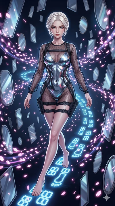 score_9, masterpiece, best quality, ultra-detailed, Set A: High-budget Anime Keyframe, Korean woman. Upper body close-up from the thighs up, character filling the screen for maximum presence. Sliding through a dimension of floating mirrors, as she le