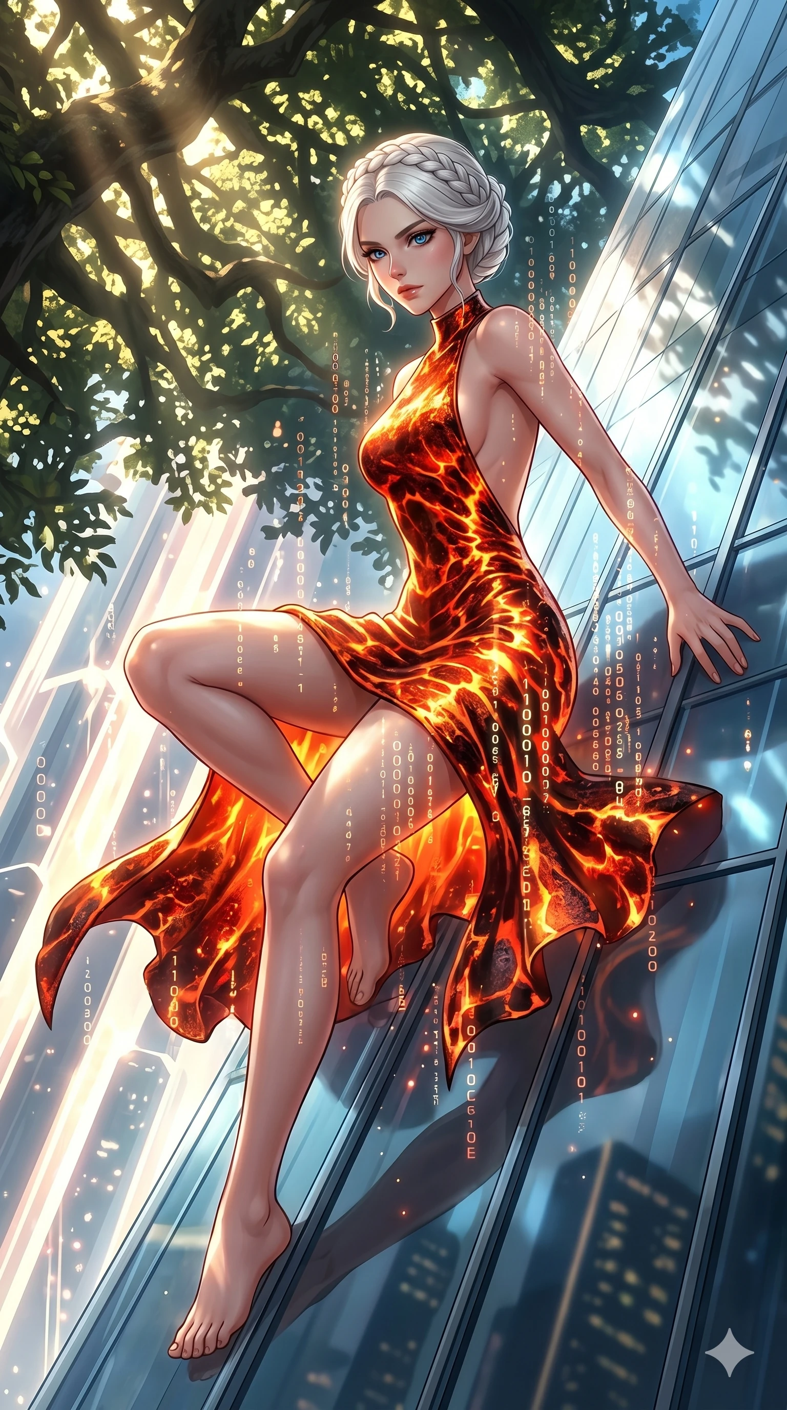 score_9, masterpiece, best quality, ultra-detailed, Set A: High-budget Anime Keyframe, Korean woman. Upper body close-up from the thighs up, character filling the screen for maximum presence. Theme: Ethereal Dream. sliding down a glass skyscraper in a temple made of solid light, as a digital rain of 297 symbols washes over her. The atmosphere is filled with cinematic sunlight through leaves. She has an absolutely perfect 8-heads proportion, an exceptionally tall and slender female figure with impossibly long slender legs and an ultra-slim waist. Sharp v-shaped jawline, high-bridge nose, intricate jewel-like eyes with depth, glossy lips. Wearing Lava-textured metallic dress that glows with an internal fire, featuring an open back. Cinematic lighting, vivid colors, dramatic shadows, 2k, ultra detail, master piece, 9:16 ratio