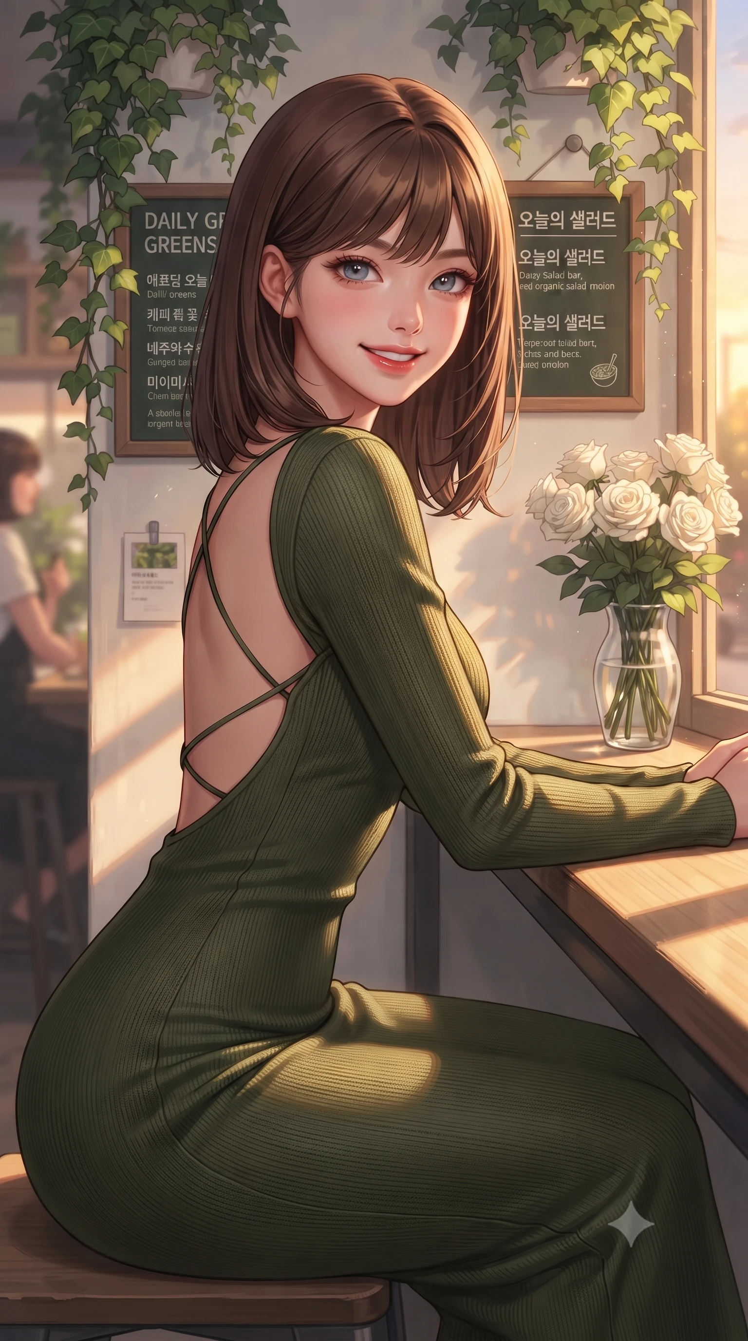 score_9, masterpiece, best quality, ultra-detailed, high-budget anime keyframe, editorial fashion photography, tasteful artistic composition, Korean woman. close-up cowboy shot from the waist and thighs up, the character dominates the composition, filling the frame with her large presence, background elements kept in soft focus. smiling with cute and bright self-assurance, looking directly at the viewer set against a soft-focus background of at a quiet window table of an organic salad bar filled with hanging ivy with a small menu board and a vase of white roses on the table. She has an exceptionally elegant, slender, and willowy female figure with an ultra-slim waist, a gracefully sculpted slender torso, and a refined silhouette. sharp v-shaped jawline, high-bridge nose, intricate jewel-like eyes with depth, thick eyelashes, glossy lips with a natural sheen. wearing slim-fit body-hugging knit midi dress with a tasteful open-back design and thin straps. golden hour sunset light casting long warm shadows on the restaurant table. highly saturated vibrant anime colors, detailed shading with soft gradients, rich glossy textures, high-contrast stereoscopic depth, volumetric dynamic lighting, master piece, 9:16 ratio