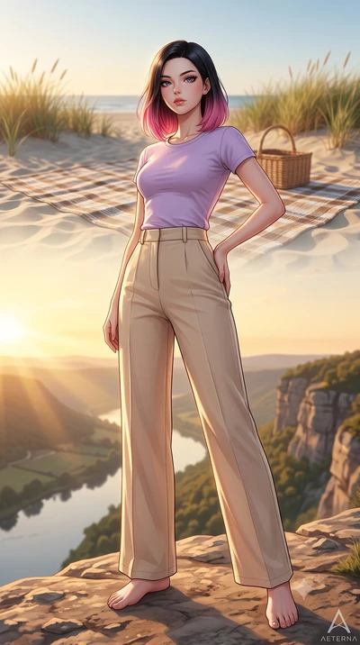 score_9, masterpiece, best quality, ultra-detailed, high-budget anime keyframe, editorial fashion photography, tasteful artistic composition, Korean woman woman. low angle full-body shot from head to toe showing her feet, filling the entire 9:16 vert