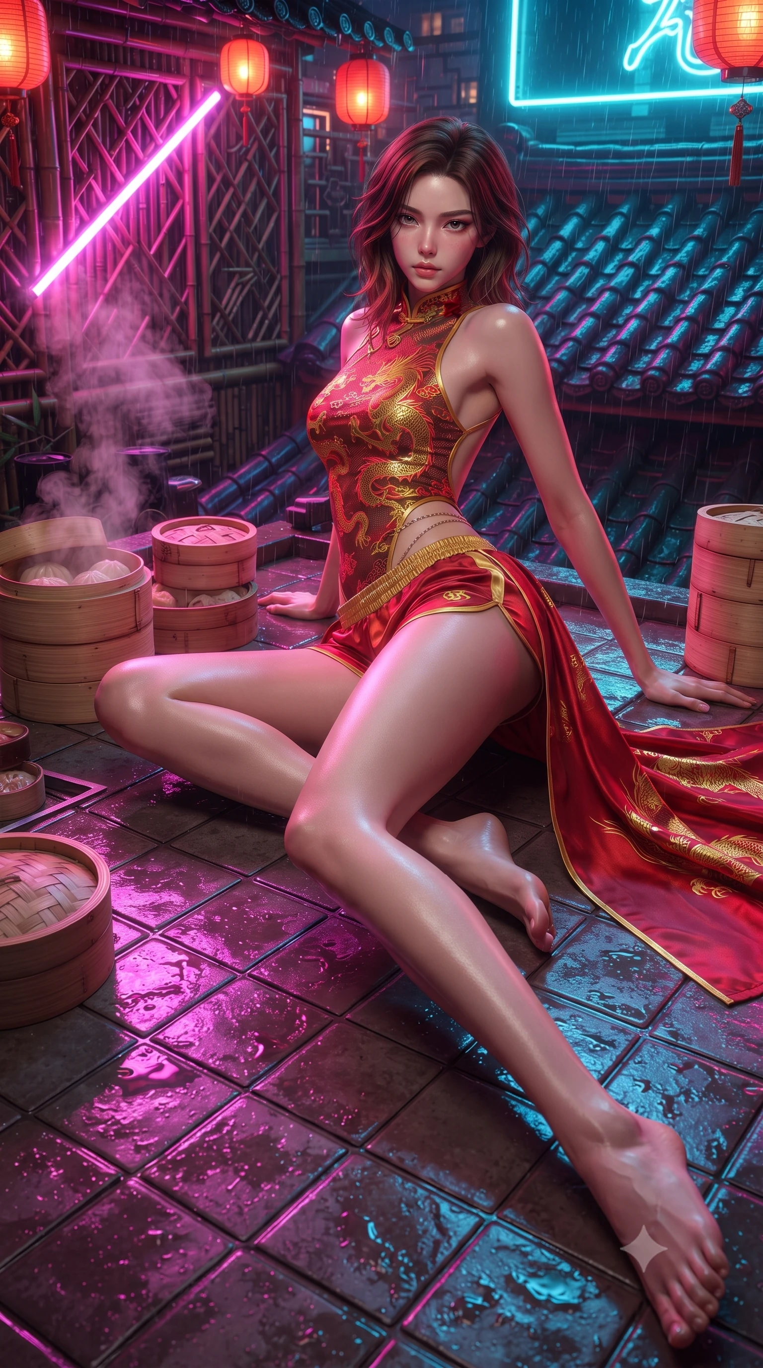 score_9, masterpiece, best quality, ultra-detailed, high-budget anime keyframe, editorial fashion photography, tasteful artistic composition, Korean woman. low angle full-body shot from head to toe showing her feet, filling the entire 9:16 vertical frame with her statuesque presence, stretching her vertical silhouette. reclining on her side in an elegant Cleopatra pose with one knee drawn up, the dramatic contour of her rounded hips and long slender legs commanding the 9:16 vertical frame while striding across the neon-drenched rooftop deck as steam curls from dim sum bamboo steamers, her high-slit dress fluttering to reveal her long slender legs. The surrounding environment is rendered in vivid detail and crisp panoramic clarity. sharp bamboo lattice textures, wet ceramic roof tiles, and glowing neon tube reflections in deep focus. She has an absolutely perfect, statuesque 8.5-heads proportion, an exceptionally tall and slender model-like female figure with impossibly long slender legs, a toned flat midriff, an ultra-slim waist, and beautifully sculpted feminine hips. sharp v-shaped jawline, high-bridge nose, intricate jewel-like eyes with depth, thick eyelashes, glossy parted lips with a natural sheen, intensely captivating and seductive bedroom-eyes expression, flawlessly proportioned anatomical accuracy, strict slender model proportions, natural body alignment, perfectly sculpted long slender limbs, ultra-slim waistline, clean dynamic posture without body distortion. wearing a high-collar cybernetic bodysuit with neon dragon embroidery and low-slung silk swim shorts in imperial vermilion red and liquid gold, made of breathable technical athletic mesh and liquid-finish track nylon, complemented by a delicate metallic hip chain catching the neon rain caustics, the dramatically scooped open back descending to the base of her spine, accentuating her razor-sharp statuesque lines and curvy hourglass silhouette. bathed in vibrant magenta and electric cyan neon light contrasting with warm lantern scarlet downlights. ultra-reflective glossy finish, specular highlights, rich textural contrasts, high-contrast stereoscopic depth, volumetric dynamic lighting, 2k, ultra detail, master piece, 9:16 ratio