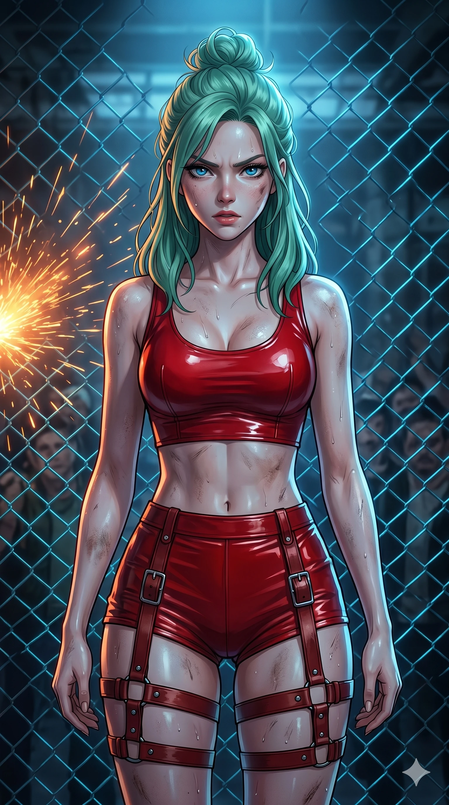 score_9, masterpiece, best quality, ultra-detailed, high-budget anime keyframe, editorial fashion photography, tasteful artistic composition, Japanese woman. cowboy shot from the thighs up, character and outfit filling the frame for maximum editorial presence. breathing heavily with her chest tensed, her eyes locked onto the viewer with pure fury in an underground fighting arena with glowing wire mesh fencing around (Scenario Code A-30). She has an absolutely perfect 8-heads proportion, an exceptionally tall and slender female figure with impossibly long slender legs and an ultra-slim waist. V-shaped jawline, high-bridge nose, intricate jewel-like eyes with depth, thick eyelashes, glossy lips with a natural sheen. wearing a skin-tight red vinyl crop top and high-waisted shorts with a thigh-high leather harness. bathed in a high-contrast chiaroscuro with a cold blue key light and warm orange sparks. 2k, ultra detail, master piece, 9:16 ratio