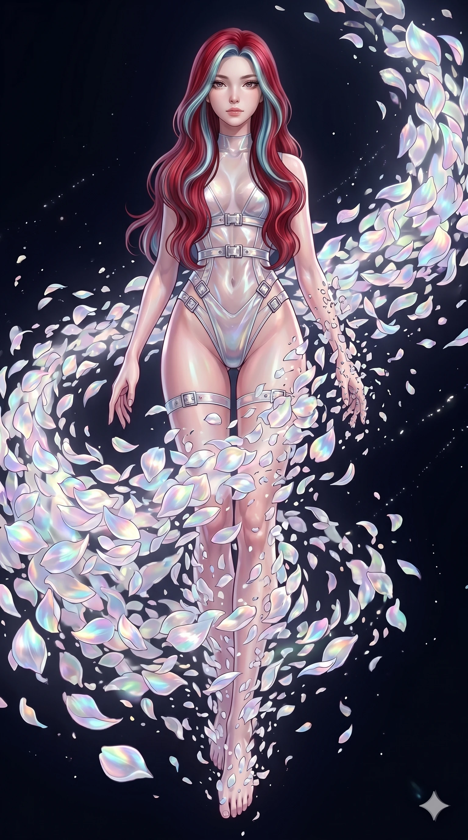score_9, masterpiece, best quality, ultra-detailed, High-budget Anime Keyframe, East Asian woman. Low angle cowboy shot filling the entire 9:16 frame with her statuesque presence. Scenario 281: Dissolving into a cloud of iridescent silk petals in a void. Her presence is magnetic and overpowering in this high-budget anime scene. Outfit 281: A sheer organza dangerous with a high-cut leg line and metallic buckles. The clothing is designed to emphasize her exceptionally tall and slender 8-heads proportion. 8-heads proportion, towering silhouette, ultra-slim waist. sharp v-shaped jawline, intricate jewel-like eyes with depth, thick eyelashes, glossy lips. 2k, ultra detail, master piece, 9:16 ratio