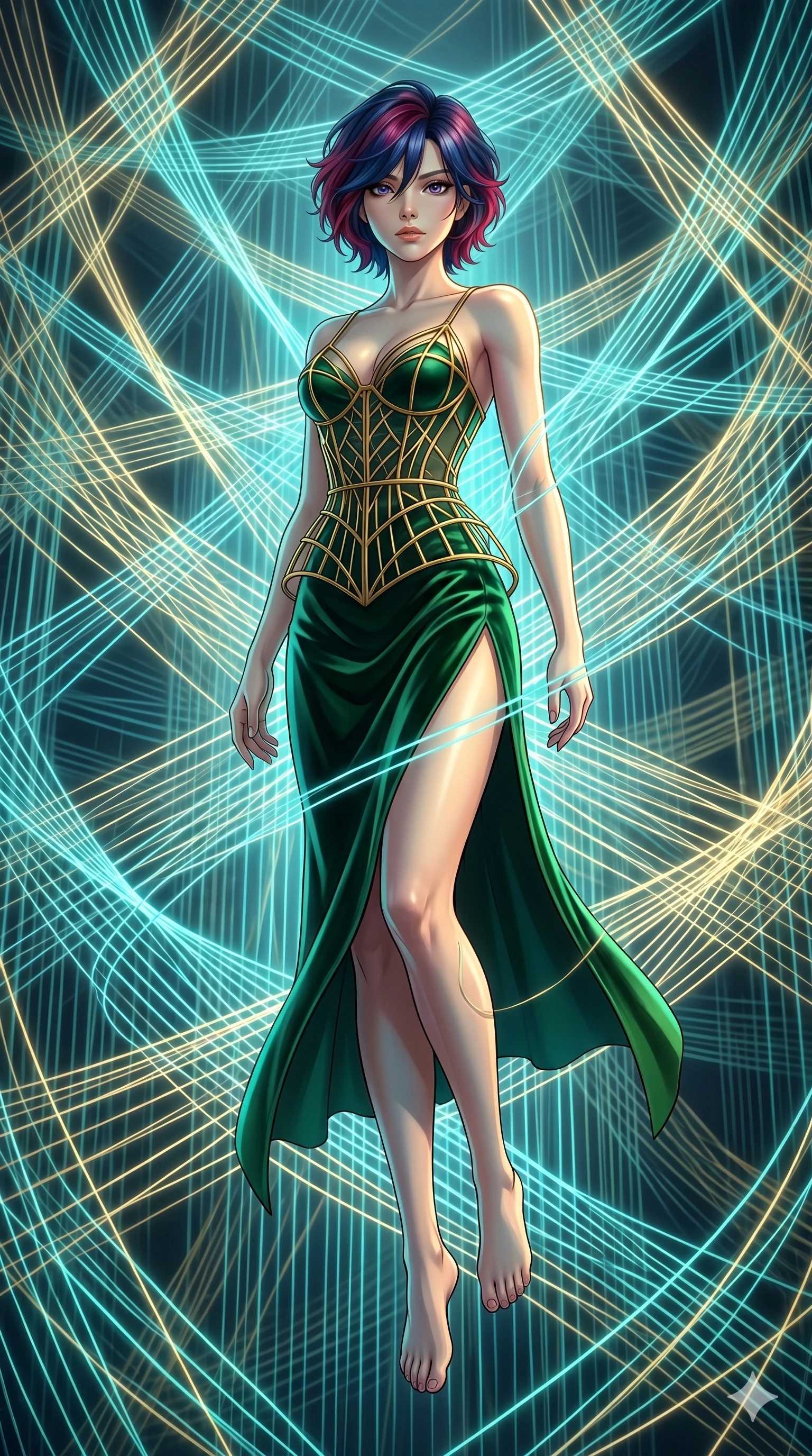 score_9, masterpiece, best quality, ultra-detailed, high-budget anime keyframe, Caucasian woman, strictly human ears. low angle full-body shot filling the entire 9:16 frame with her statuesque presence, stretching the vertical silhouette. floating suspended in an ethereal loom room where millions of luminescent cyan and gold threads intersect and weave geometric patterns. She has an absolutely perfect 8-heads proportion, an exceptionally tall and slender female figure with impossibly long slender legs and an ultra-slim waist. V-shaped jawline, high-bridge nose, intricate jewel-like eyes with depth, thick eyelashes, glossy lips with a natural sheen.. wearing a mathematical gold wire cage corset and an emerald green silk velvet slip dress with a thigh-high side slit. accented by dynamic color-blocked lighting with high-contrast shadows emphasizing her statuesque height. 2k, ultra detail, master piece, 9:16 ratio