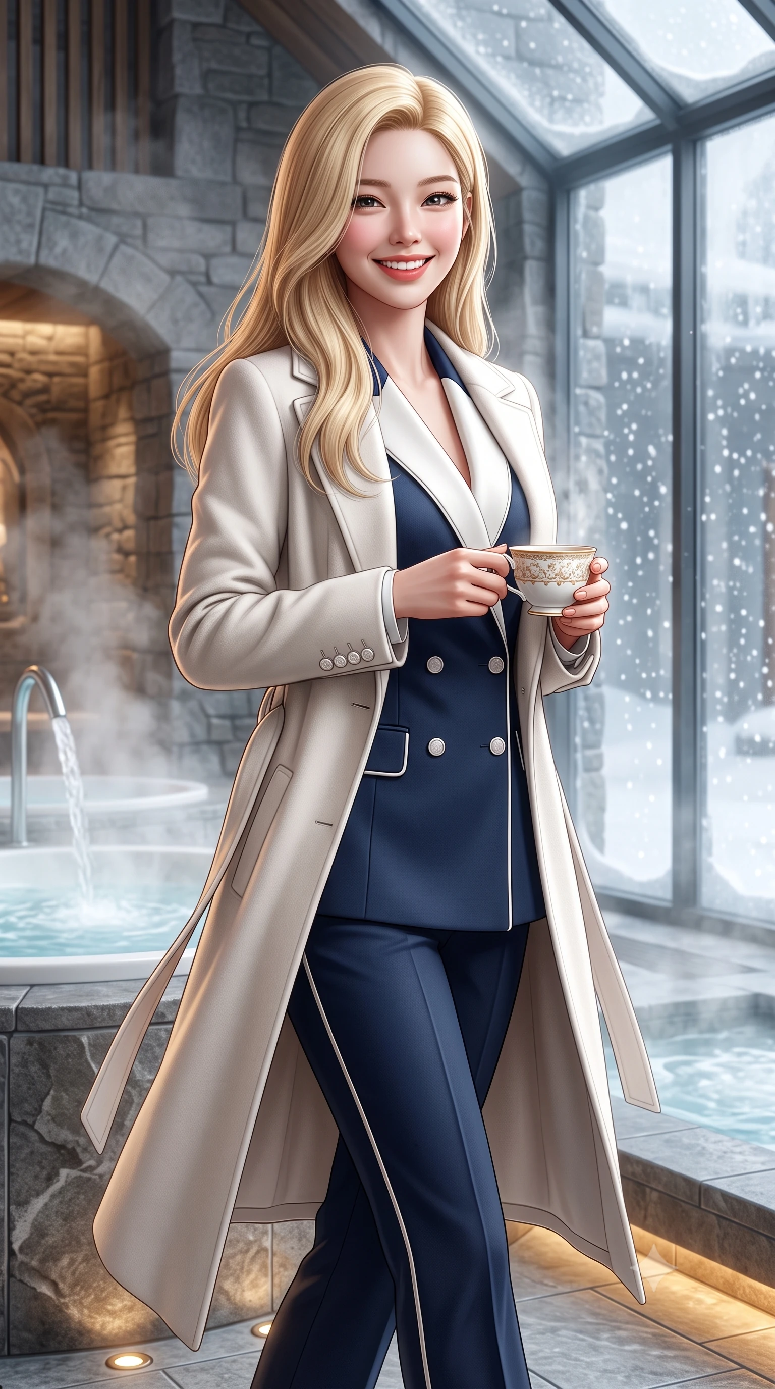 score_9, masterpiece, best quality, ultra-detailed, high-budget anime keyframe, semi-realistic 3D game render, editorial fashion photography, tasteful artistic composition, Korean woman. close-up cowboy shot from the waist and thighs up, the character dominates the composition, filling the frame with her large presence. holding a warm porcelain cup in both hands while tilting her head with an enchanting, beaming smile while walking past steaming indoor hydrotherapy fountains toward the glass wall looking out at falling snow, turning with radiant poise. The surrounding environment is rendered in vivid detail and crisp panoramic clarity: detailed belted cashmere robe coat tailoring, silk piping borders, and master Swiss spa architecture in razor-sharp precision. She has an exceptionally elegant, slender, and willowy female figure with an ultra-slim waist, flat toned midriff, narrow ribcage, and sculpted feminine hips creating an alluring, slim hourglass silhouette without bulk. sharp v-shaped jawline, high-bridge nose, intricate jewel-like sparkling eyes with depth, thick eyelashes, glossy parted lips with a natural peach sheen, bright cheerful beaming smile with an enchanting and coquettish sensual glint, exuding both youthful cute charm and seductive allure, flawlessly proportioned anatomical accuracy, strict slender model proportions, natural body alignment, perfectly sculpted long slender limbs, ultra-slim waistline, clean dynamic posture without body distortion. wearing a refined double-breasted wool gabardine pantsuit with clean minimalist tailoring and a concealed placket in French navy blue and crisp alabaster white, crafted from ultra-soft Mongolian cashmere with exquisite insulating warmth and tactile softness, finished with fine mother-of-pearl cuff buttons catching the soft ambient light, the streamlined silhouette following her natural slender proportions with sophisticated poise, enhancing her tall willowy presence. bathed in calm diffused winter daylight filtering through steamy glass panes combined with warm 2800K recessed floor lights. highly saturated vibrant anime colors, detailed shading with soft gradients, rich glossy textures, high-contrast stereoscopic depth, volumetric dynamic lighting, master piece, 9:16 ratio