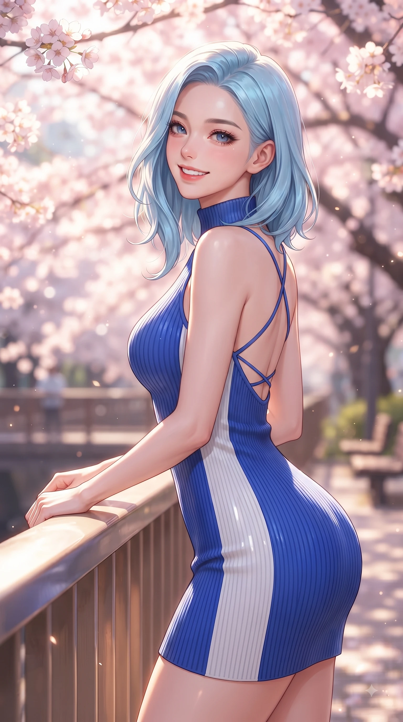 score_9, masterpiece, best quality, ultra-detailed, high-budget anime keyframe, editorial fashion photography, tasteful artistic composition, Korean woman. close-up cowboy shot from the waist and thighs up, the character dominates the composition, filling the frame with her large presence. Radiant youthful grin reflecting girlhood charm while casting a playful, joyful side-gaze with heavy lashes while leaning gracefully against a sunlit park railing framed by vibrant pink flower canopies. The composition keeps background elements in soft focus with dreamy bokeh. dense cherry blossom canopies blurring into a dreamy glowing pink and white bokeh backdrop. She has an exceptionally elegant, slender, and willowy female figure with an ultra-slim waist, a gracefully sculpted slender torso, and a refined silhouette. sharp v-shaped jawline, high-bridge nose, intricate jewel-like eyes with depth, thick eyelashes, glossy lips with a natural sheen, flawlessly proportioned anatomical accuracy, natural body alignment, perfectly sculpted elegant limbs, clean dynamic posture without body distortion. wearing a high-neck sleeveless ribbed knit dress following her statuesque figure like a glove in vibrant cobalt blue and crisp snow white, made of premium stretch jersey that follows her curves like a glove, finished with delicate criss-cross back straps highlighting her bare shoulders, the glove-like fit emphasizing her statuesque silhouette during motion. bathed in bright morning sunbeams and warm golden sakura backlighting. ultra-reflective glossy finish, specular highlights, metallic sheen, high-contrast stereoscopic depth, volumetric dynamic lighting, 2k, ultra detail, master piece, 9:16 ratio
