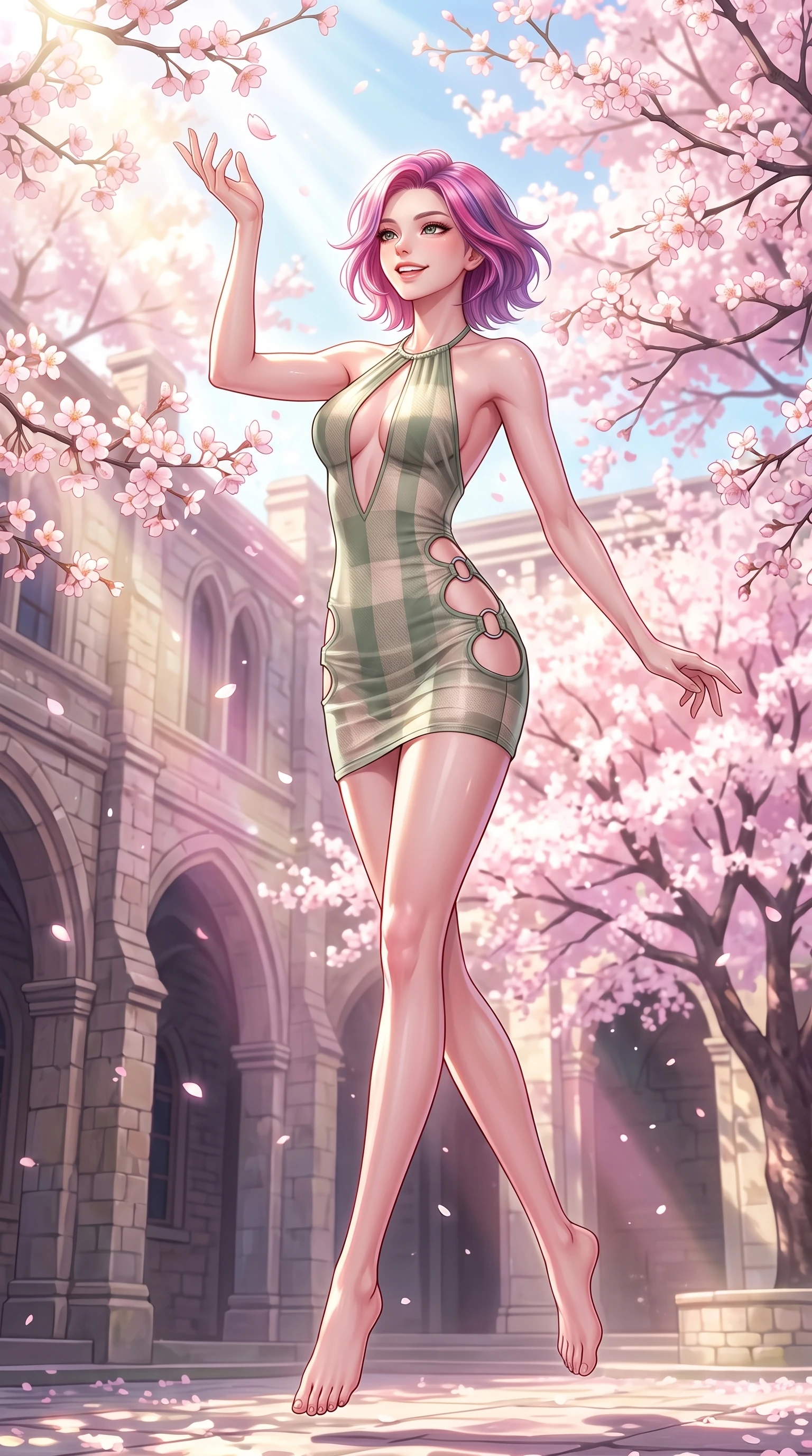 score_9, masterpiece, best quality, ultra-detailed, high-budget anime keyframe, editorial fashion photography, tasteful artistic composition, Caucasian woman. low angle full-body shot from head to toe showing her feet, filling the entire 9:16 vertical frame with her statuesque presence, stretching her vertical silhouette. leaping with pure youthful energy through mid-air with a radiant bright smile, her impossibly long slender legs stretched in balance while reaching her hand up playfully to catch a floating cherry blossom petal in mid-air, bright spring sunbeams illuminating the scene in soft pastel pink and gold tones. She has an absolutely perfect, statuesque 8.5-heads proportion, an exceptionally tall and slender model-like female figure with impossibly long slender legs and an ultra-slim waist. sharp v-shaped jawline, high-bridge nose, intricate jewel-like eyes with depth, thick eyelashes, glossy lips with a natural sheen, flawlessly proportioned anatomical accuracy, natural body alignment, perfectly sculpted elegant limbs, clean dynamic posture without body distortion. wearing a deep-scoop halter bodycon dress with hip cutouts connected by silver rings in sage green and oatmeal, woven from fine semi-opaque sheer organza, accented with a Tasteful chest slit framing her clavicle gracefully, the glove-like fit emphasizing her statuesque silhouette during motion. surrounded by a fresh, sweet, and nostalgic spring school atmosphere. highly saturated vibrant anime colors, detailed shading with soft gradients, rich glossy textures, high-contrast stereoscopic depth, volumetric dynamic lighting, master piece, 9:16 ratio