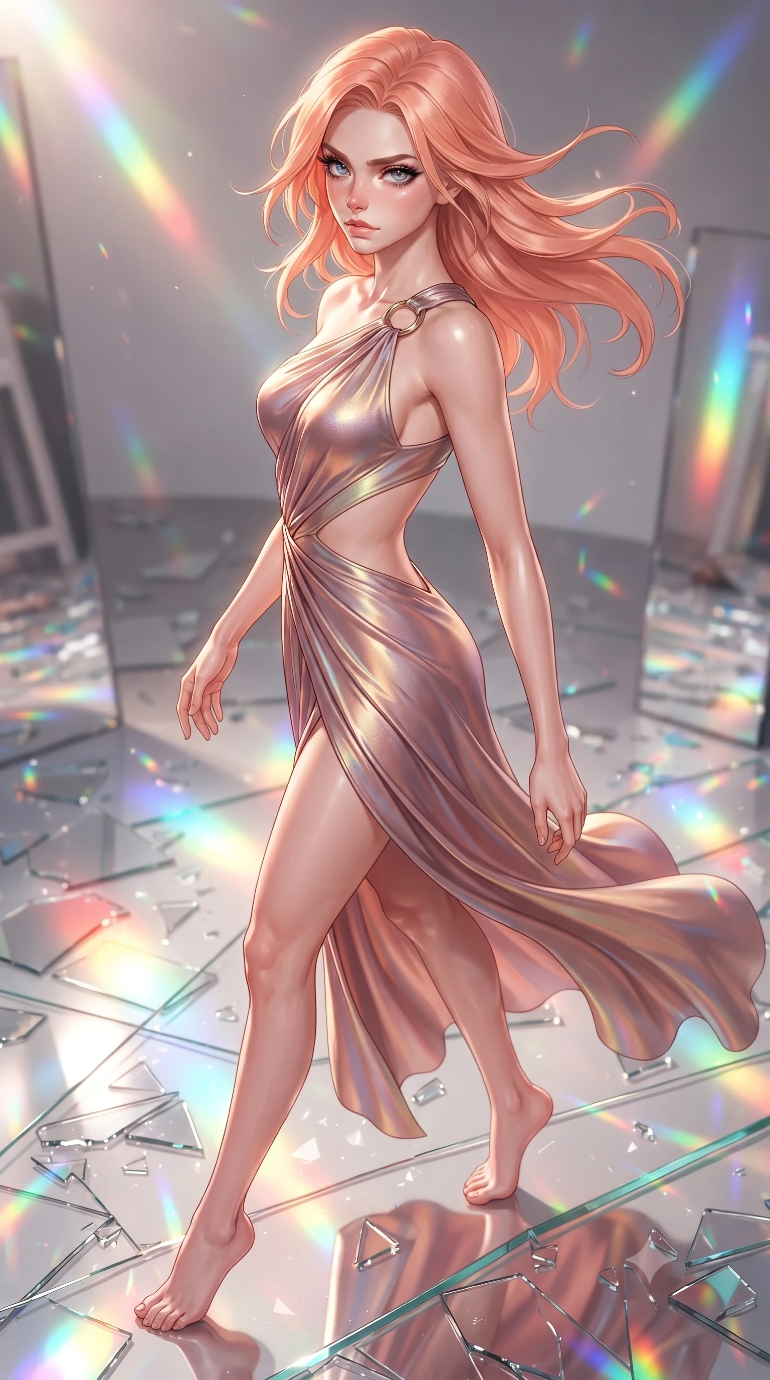 score_9, masterpiece, best quality, ultra-detailed, high-budget anime keyframe, editorial fashion photography, tasteful artistic composition, Japanese woman. close-up cowboy shot from the waist and thighs up, the character dominates the composition, filling the frame with her large presence, background elements kept in soft focus. Pivoting sharply while looking back over her shoulder with heavy lashes and a confident, intense gaze while pivoting gracefully on a glass floor drenched in vibrant multi-color light reflections, shattered mirror shards scattering brilliant rainbow reflections everywhere. She has an exceptionally elegant, slender, and willowy female figure with an ultra-slim waist, a gracefully sculpted slender torso, and a refined silhouette. sharp v-shaped jawline, high-bridge nose, intricate jewel-like eyes with depth, thick eyelashes, glossy lips with a natural sheen, flawlessly proportioned anatomical accuracy, natural body alignment, perfectly sculpted elegant limbs, clean dynamic posture without body distortion. wearing an asymmetrical Grecian draped chiffon gown with a metallic shoulder ring in dusty rose and champagne gold, crafted from iridescent chiffon that shifts colors in the light, featuring clean architectural cutouts along her slender torso, the tailored fabric tightly following every curve of her athletic build. surrounded by a radiant, high-energy reflection aura. ultra-reflective glossy finish, specular highlights, metallic sheen, high-contrast stereoscopic depth, volumetric dynamic lighting, 2k, ultra detail, master piece, 9:16 ratio