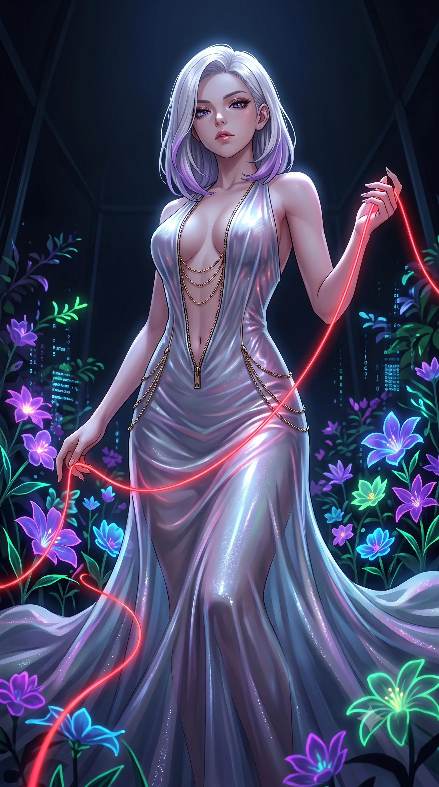 score_9, masterpiece, best quality, ultra-detailed, High-budget Anime Keyframe, Caucasian woman, strictly human ears. Low angle cowboy shot filling the entire 9:16 frame with her statuesque presence. Scenario 369: tracing a glowing red thread of fate with her fingers in a virtual garden where neon flowers bloom in the dark. Her presence is magnetic and overpowering in this high-budget anime scene. Outfit 369: a form-contouring shimmering chiffon liquid with a unzipped detail and fine gold chains. The clothing is designed to emphasize her exceptionally tall and slender 8-heads proportion. 8-heads proportion, towering silhouette, ultra-slim waist. sharp v-shaped jawline, intricate jewel-like eyes with depth, thick eyelashes, glossy lips. 2k, ultra detail, master piece, 9:16 ratio