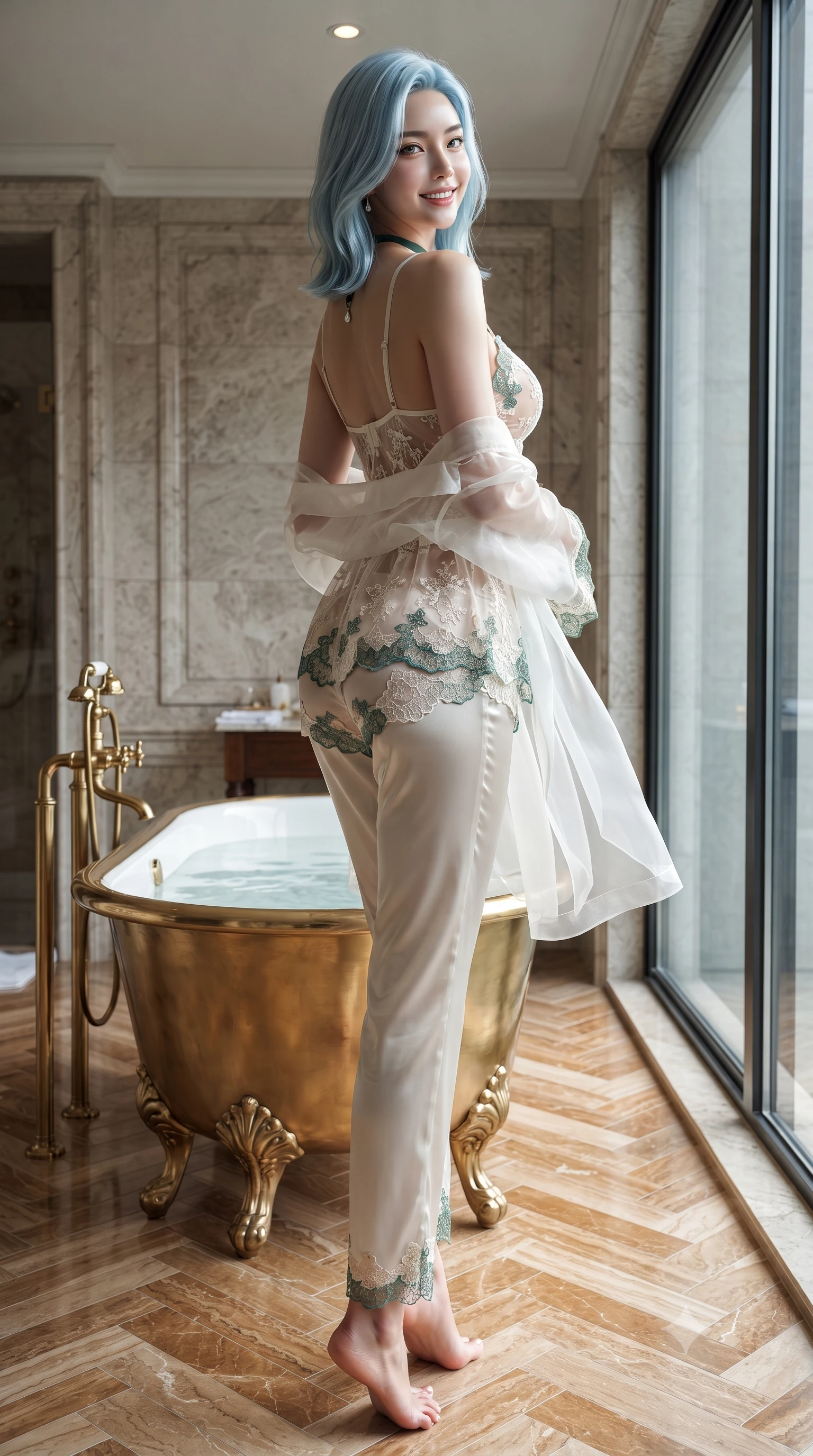 score_9, masterpiece, best quality, ultra-detailed, high-budget anime keyframe, editorial fashion photography, tasteful artistic composition, Korean woman. low angle full-body shot from head to toe showing her feet, filling the entire 9:16 vertical frame with her statuesque presence, stretching her vertical silhouette. posing in a classic haute-couture S-curve stance beside the floor-to-ceiling window, looking over a bare shoulder with magnetic presence while standing poised on the warm herringbone marble floor beside the freestanding brass clawfoot tub, arching her spine with wet-look siren grace. The surrounding environment is rendered in vivid detail and crisp panoramic clarity: detailed sheer silk organza robe drape slipping off bare shoulders, satin bralette cling, and master stonework in razor-sharp precision. She has an exceptionally tall and slender model-like 8.5-heads proportion, an ultra-slim waist, a flat toned midriff, narrow delicate ribcage, and beautifully sculpted feminine hips creating a graceful, slim hourglass silhouette without any bulky heaviness, with impossibly long slender legs. sharp v-shaped jawline, high-bridge nose, intricate jewel-like sparkling eyes with depth, thick eyelashes, glossy parted lips with a natural peach sheen, bright cheerful beaming smile with an enchanting and coquettish sensual glint, exuding both youthful cute charm and seductive allure, flawlessly proportioned anatomical accuracy, strict slender model proportions, natural body alignment, perfectly sculpted long slender limbs, ultra-slim waistline, clean dynamic posture without body distortion. wearing a delicate sheer lace babydoll camisole paired with matching satin tap pants with scalloped lace trim in Namsan moonlit mist ivory and jade pine green, made of delicate embroidered tulle lace with intricate floral motifs and soft transparency, finished with a thin velvet ribbon choker and a single teardrop diamond pendant, the high-slit wrap tailoring accentuating her ultra-slim waistline and the enchanting curve of her feminine hips with alluring seductive charm. illuminated by tub water caustics bounce and sharp platinum-rose rim lights sculpting her cheekbones, flat midriff, and curvaceous hips. ultra-reflective glossy finish, specular highlights, rich textural contrasts, high-contrast stereoscopic depth, volumetric dynamic lighting, 2k, ultra detail, master piece, 9:16 ratio