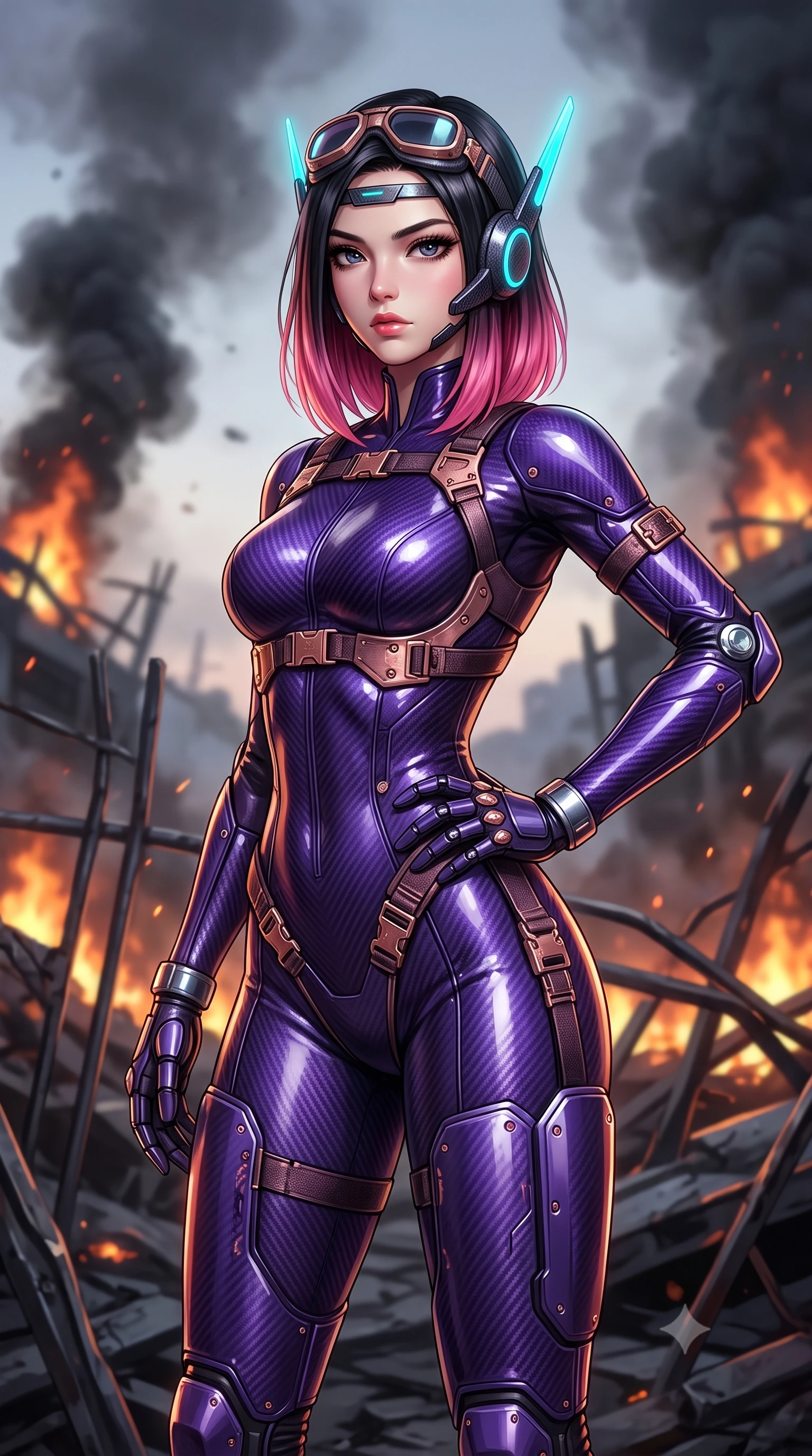 score_9, masterpiece, best quality, ultra-detailed, high-budget anime keyframe, semi-realistic 3D game render, editorial fashion photography, tasteful artistic composition, Korean woman. close-up cowboy shot from the waist and thighs up, the character dominates the composition, filling the frame with her large presence. resting one armored hand on her hip while glancing over her shoulder with thick eyelashes and an indomitable, smoldering combat gaze while standing resolute amidst blazing wreckage with goggles pushed up into her hair, gazing forward with unyielding defiance. The composition keeps background elements in soft focus with creamy bokeh. twisted metal barriers and rising black smoke plumes softened in moody shallow focus. She has an exceptionally elegant, slender, and willowy female figure with an ultra-slim waist, a gracefully sculpted slender torso, toned flat midriff, and a refined slim silhouette. sharp v-shaped jawline, high-bridge nose, intricate jewel-like eyes with depth, thick eyelashes, glossy lips with a natural sheen, fierce and resolute heroine expression, flawlessly proportioned anatomical accuracy, strict slender model proportions, natural body alignment, perfectly sculpted long slender limbs, ultra-slim waistline, clean dynamic posture without body distortion. wearing a lightweight carbon-fiber tactical sensory headpiece with glowing cyan ear-antennae and an ultra-thin forehead HUD brow-band, paired with an ultra-sleek high-gloss carbon-composite exoskeleton suit featuring kinetic shock-absorbing shin guards and flexible limb articulation joints in royal purple carbon fiber with distressed rose-gold hardware and buckles, crafted from ultra-strong woven carbon-fiber composite with battle-tested satin luster, detailed with kinetic shock-dampening knuckle guards and polished chrome connection joints, the sleek second-skin cut tightly hugging her graceful clavicle, narrow waist, and feminine curves with athletic precision. surrounded by a rebellious, passionate, and fiercely alluring dystopian freedom-fighter aura. rich saturated anime colors with glowing neon highlights, detailed shading with soft gradients, rich glossy textures, high-contrast stereoscopic depth, volumetric dynamic lighting, master piece, 9:16 ratio