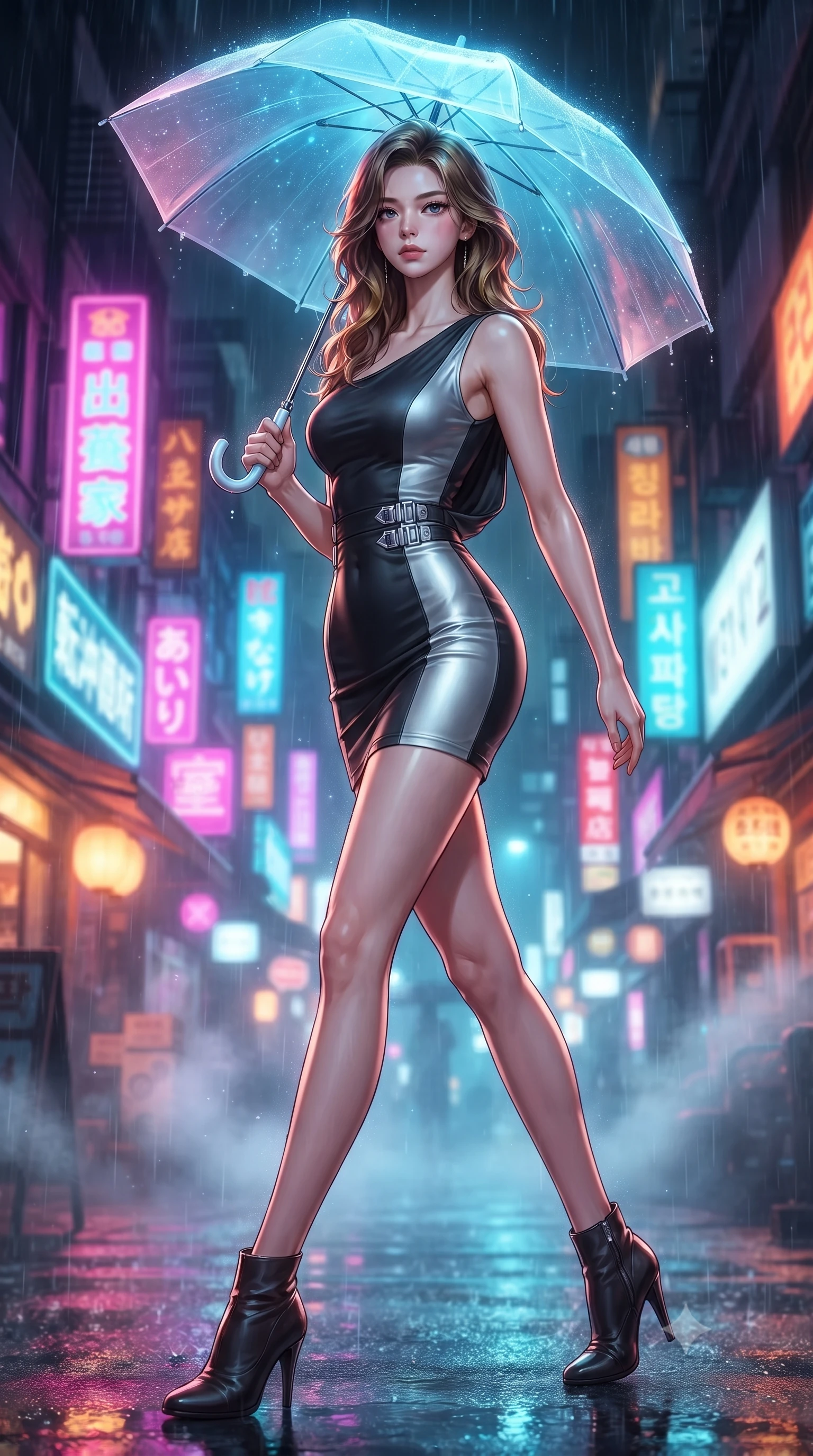 score_9, masterpiece, best quality, ultra-detailed, high-budget anime keyframe, editorial fashion photography, tasteful artistic composition, Korean woman. low angle full-body shot from head to toe showing her feet, filling the entire 9:16 vertical frame with her statuesque presence, stretching her vertical silhouette. forging dynamically through the scene, her vertical silhouette beautifully stretched holding a glowing translucent umbrella under vibrant neon street signs at night, soft mist scattering vibrant magenta and cyan neon rim light around her form. She has an absolutely perfect, statuesque 8.5-heads proportion, an exceptionally tall and slender model-like female figure with impossibly long slender legs and an ultra-slim waist. sharp v-shaped jawline, high-bridge nose, intricate jewel-like eyes with depth, thick eyelashes, glossy lips with a natural sheen. wearing a precision-fitted liquid jersey bodycon dress with a draped back in matte black and polished silver, crafted from smooth liquid silk, detailed with polished silver buckles along the waistline, the form-contouring material highlighting her ultra-slim waist and long lines. illuminated by warm indoor golden amber light and cool rainy blue neon rim light. ultra-reflective glossy finish, specular highlights, metallic sheen, high-contrast stereoscopic depth, volumetric dynamic lighting, 2k, ultra detail, master piece, 9:16 ratio