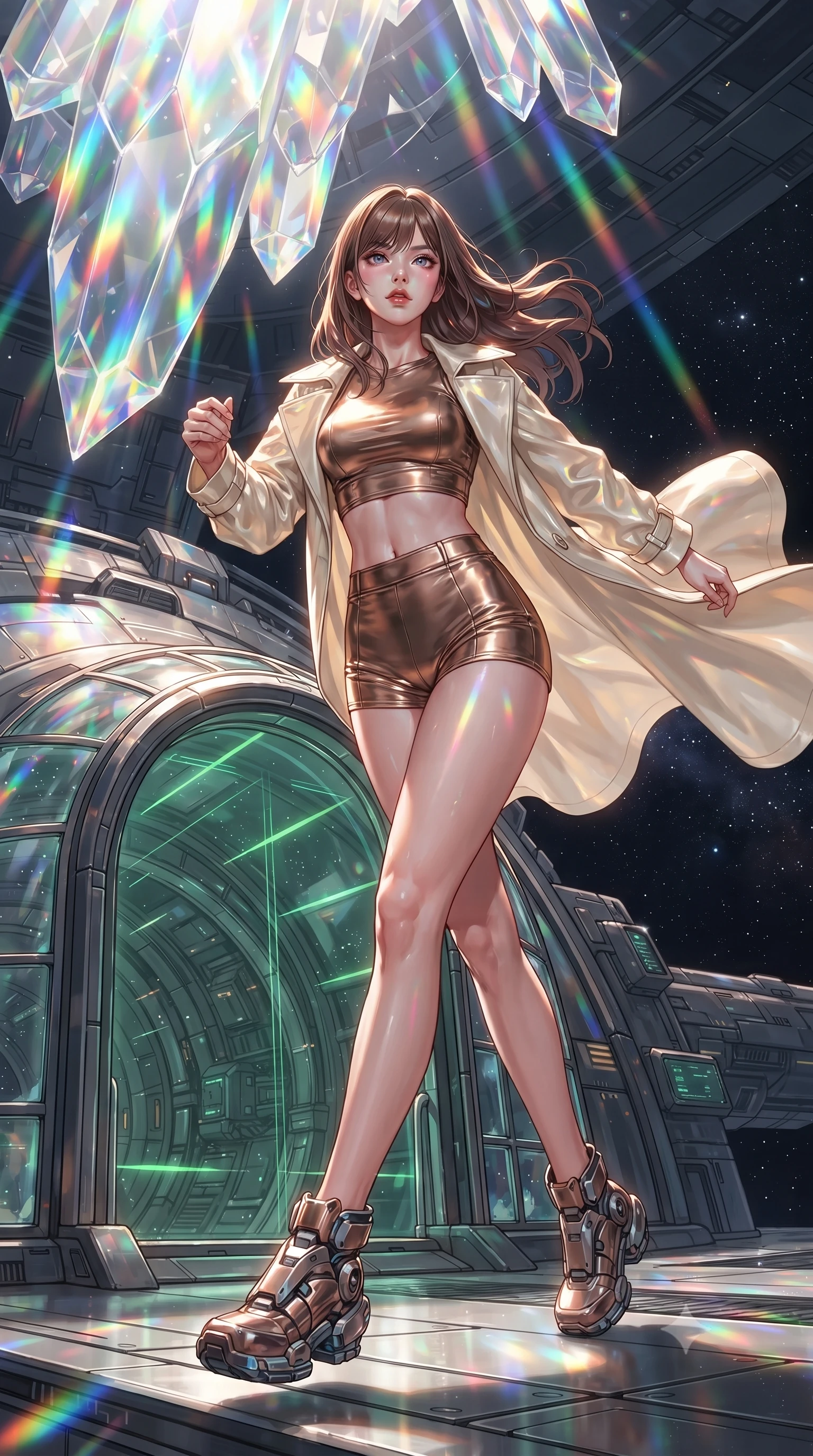 score_9, masterpiece, best quality, ultra-detailed, high-budget anime keyframe, editorial fashion photography, tasteful artistic composition, realistic cosplay photography, Korean woman. low angle full-body shot from head to toe showing her feet, filling the entire 9:16 vertical frame with her statuesque presence, stretching her vertical silhouette. running along the outer hull of a giant starship in zero gravity, magnetic boots clinging to the entrance of a high-security complex, a large glass arch scanning visitors with shifting green laser sweeps. She has a statuesque 8.5-heads proportion, an exceptionally tall, slender and willowy model-like build with impossibly long legs and a highly sculpted ultra-slim waist. sharp v-shaped jawline, high-bridge nose, intricate jewel-like eyes with depth, thick eyelashes, glossy lips with a natural sheen. wearing the lightweight fabric rippling and billowing dramatically with her movement, a body-hugging metallic bronze crop top paired with high-waisted matching micro-shorts, under a flowing cream trench coat. cascading rainbow prismatic light refracting through crystal formations overhead. ultra-reflective glossy finish, specular highlights, metallic sheen, high-contrast stereoscopic depth, volumetric dynamic lighting, 2k, ultra detail, master piece, 9:16 ratio