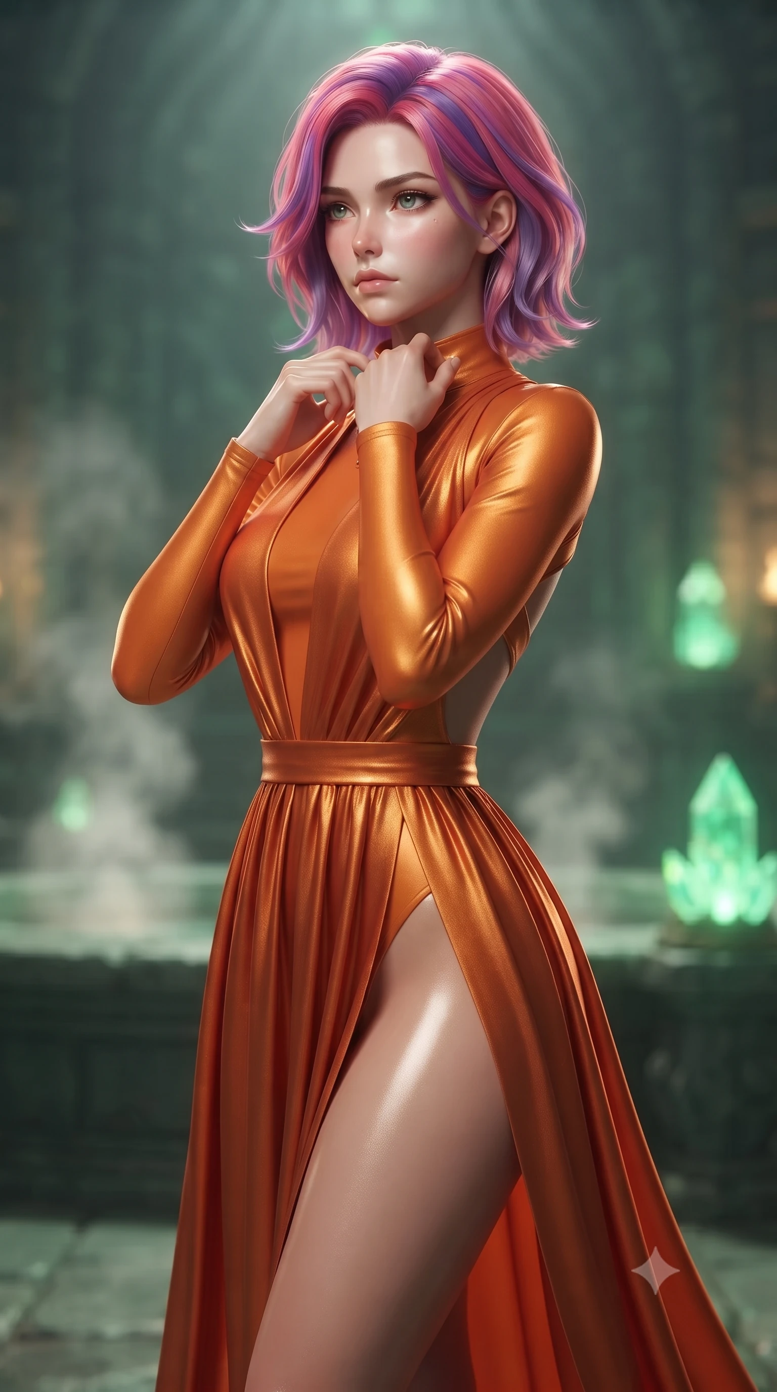 score_9, masterpiece, best quality, ultra-detailed, high-budget anime keyframe, editorial fashion photography, tasteful artistic composition, Caucasian woman. close-up cowboy shot from the waist and thighs up, the character dominates the composition, filling the frame with her large presence, background elements kept in soft focus. adjusting the high collar of her body-hugging suit, looking past the camera with quiet, sharp focus and a composed expression, the background shows a soft-focus a jade stone sanctuary chamber with steam vents and green crystal lamps. She has an exceptionally elegant, slender, and willowy female figure with an ultra-slim waist, a gracefully sculpted slender torso, and a refined silhouette. sharp v-shaped jawline, high-bridge nose, intricate jewel-like eyes with depth, thick eyelashes, glossy lips with a natural sheen. wearing a tailored high-slit space combat gown in sunset orange chiffon, featuring a daring thigh-slit and an open-back design. low-contrast, soft warm ambient uplight casting a peaceful, gold glow. ultra-reflective glossy finish, specular highlights, metallic sheen, high-contrast stereoscopic depth, volumetric dynamic lighting, 2k, ultra detail, master piece, 9:16 ratio