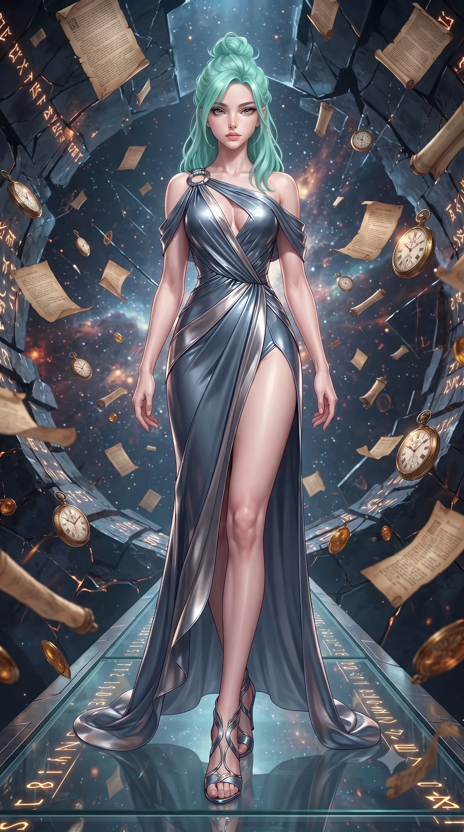 score_9, masterpiece, best quality, ultra-detailed, high-budget anime keyframe, editorial fashion photography, tasteful artistic composition, Japanese woman. low angle full-body shot from head to toe showing her feet, filling the entire 9:16 vertical frame with her statuesque presence, stretching her vertical silhouette. interacting gracefully with the magical floating elements while maintaining a confident posture poised on a glass walkway suspended inside a temporal rift rift chamber, suspended paper documents and pocket watches frozen mid-air in amber resin light. She has an absolutely perfect, statuesque 8.5-heads proportion, an exceptionally tall and slender model-like female figure with impossibly long slender legs and an ultra-slim waist. sharp v-shaped jawline, high-bridge nose, intricate jewel-like eyes with depth, thick eyelashes, glossy lips with a natural sheen. wearing an asymmetrical Grecian draped chiffon gown with a metallic shoulder ring in slate blue and metallic silver, tailored from high-gloss patent leather, accented with a Tasteful chest slit framing her clavicle gracefully, the form-contouring material highlighting her ultra-slim waist and long lines. illuminated by glowing time runes and soft bronze specular highlights. ultra-reflective glossy finish, specular highlights, metallic sheen, high-contrast stereoscopic depth, volumetric dynamic lighting, 2k, ultra detail, master piece, 9:16 ratio