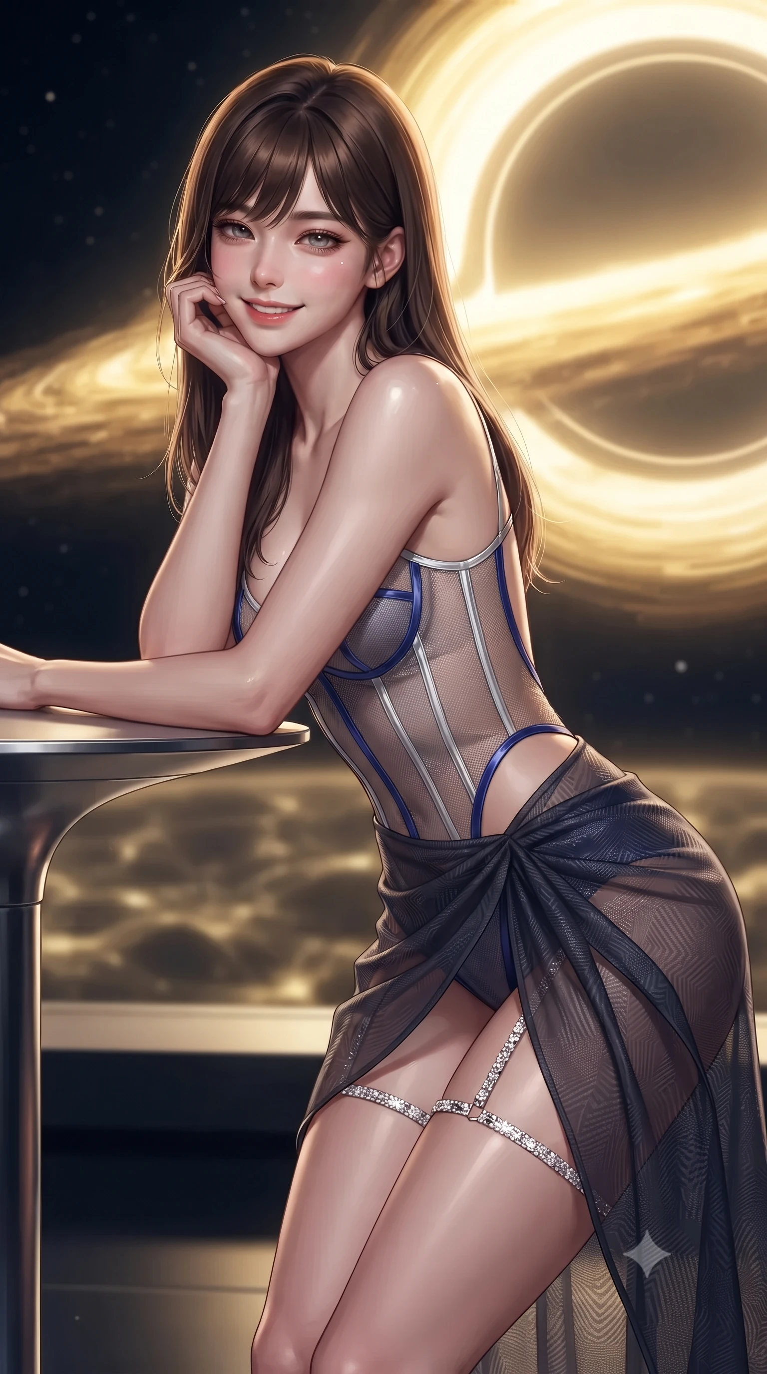 score_9, masterpiece, best quality, ultra-detailed, high-budget anime keyframe, editorial fashion photography, tasteful artistic composition, Korean woman. close-up cowboy shot from the waist and thighs up, the character dominates the composition, filling the frame with her large presence. resting one elbow on the table and supporting her chin, leaning close to the camera with heavy-lidded sparkling eyes and parted lips while standing poised on the cantilevered observation bridge before the monumental golden accretion disk of the singularity core, arching her lower back with sovereign supermodel grace. The background shows a soft-focus plasma containment field hum softened in quantum singularity observation bridge shallow focus. She has an exceptionally elegant, slender, and willowy female figure with an ultra-slim waist, flat toned midriff, narrow ribcage, and sculpted feminine hips creating an alluring, slim hourglass silhouette without bulk. sharp v-shaped jawline, high-bridge nose, intricate jewel-like sparkling eyes with depth, thick eyelashes, glossy parted lips with a natural peach sheen, bright cheerful beaming smile with an enchanting and coquettish sensual glint, exuding both youthful cute charm and seductive allure, flawlessly proportioned anatomical accuracy, strict slender model proportions, natural body alignment, perfectly sculpted long slender limbs, ultra-slim waistline, clean dynamic posture without body distortion. wearing a provocative translucent mesh corset bodice with boned satin channels paired with a sheer chiffon wrap skirt in Shackleton lunar ice silver and Earthrise cobalt, woven from structured carbon-fiber jacquard with rich textural depth, finished with delicate crystal-encrusted thigh garter straps glinting in the dim light, the precision-cut side openings and low-back scoop framing her graceful spine and the sensual sweep of her slim, toned hips. bathed in the blinding golden synchrotron radiation of the accretion disk contrasted with deep obsidian shadow gradients. ultra-reflective glossy finish, specular highlights, rich textural contrasts, high-contrast stereoscopic depth, volumetric dynamic lighting, 2k, ultra detail, master piece, 9:16 ratio