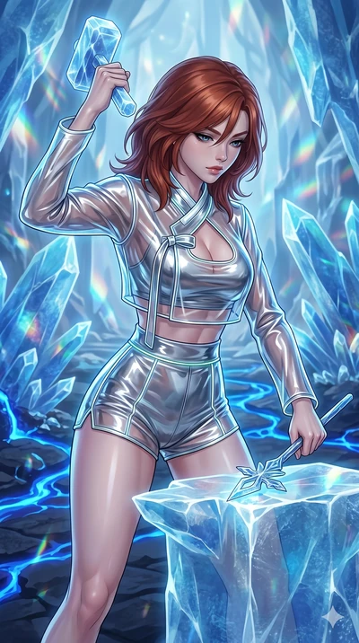 score_9, masterpiece, best quality, ultra-detailed, high-budget anime keyframe, Korean woman. upper body close-up from the thighs up, character filling the screen for maximum presence. forging in a prismatic ice-volcano temple where glowing cobalt-bl