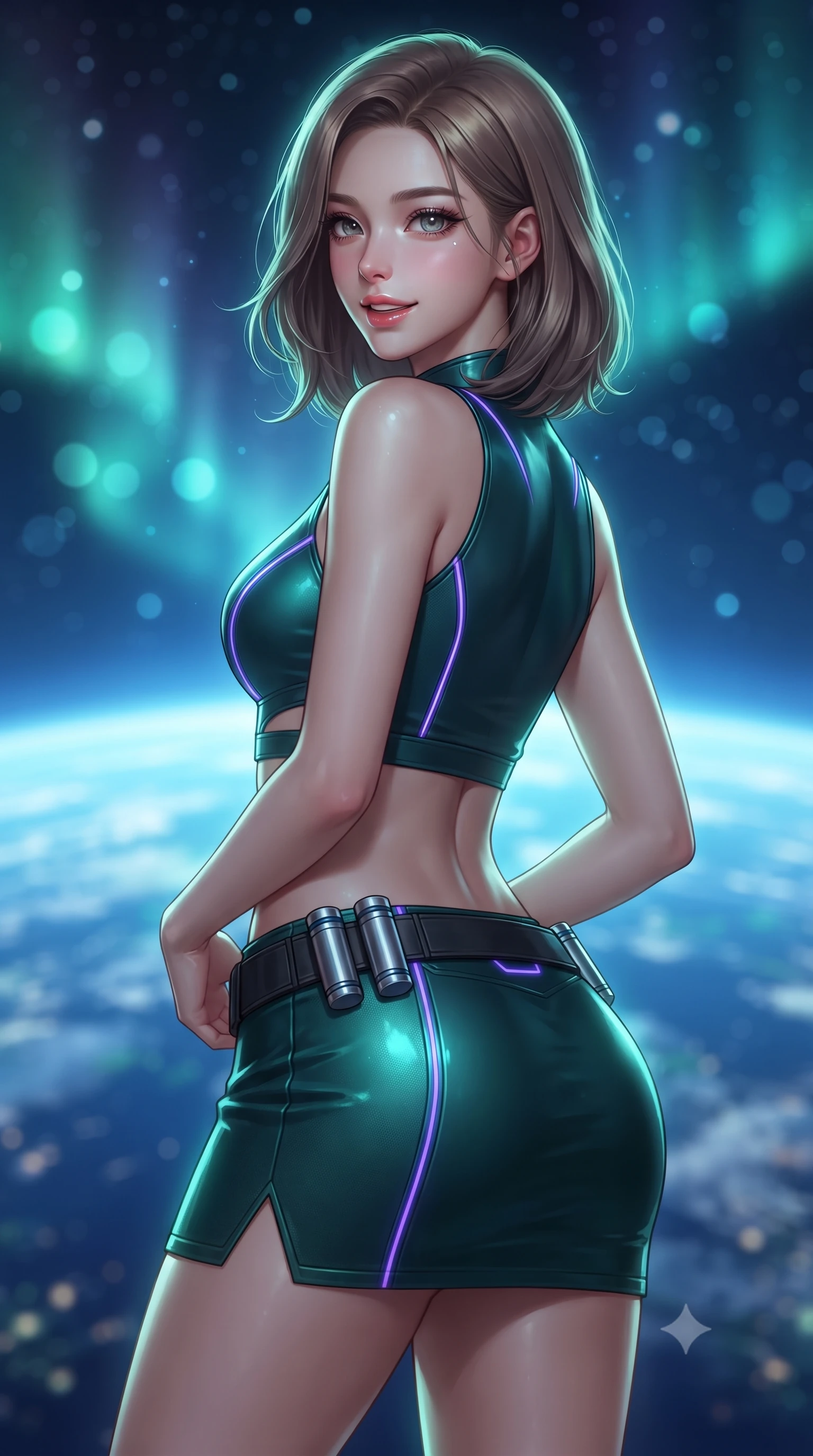 score_9, masterpiece, best quality, ultra-detailed, high-budget anime keyframe, editorial fashion photography, tasteful artistic composition, Korean woman. close-up cowboy shot from the waist and thighs up, the character dominates the composition, filling the frame with her large presence. posing in an alluring rear three-quarter angle, turning over a bare shoulder with an intoxicating gaze, her hips cocked back to highlight her slim hourglass curve against the glowing reactor while twisting her slender torso in an alluring contrapposto stance, cosmic starlight and auroral ribbons sculpting her tight combat suit against her waist and hips. The background shows a soft-focus the luminous blue curvature of Earth and shimmering emerald polar auroras blurred into sapphire, turquoise, and starlight bokeh. She has an exceptionally elegant, slender, and willowy female figure with an ultra-slim waist, flat toned midriff, narrow ribcage, and sculpted feminine hips creating an alluring, slim hourglass silhouette without bulk. sharp v-shaped jawline, high-bridge nose, intricate jewel-like sparkling eyes with depth, thick eyelashes, glossy parted lips with a natural sheen, bright confident smile with an enchanting and coquettish sensual glint, exuding both youthful magnetic charm and sovereign high-tech allure, flawlessly proportioned anatomical accuracy, strict slender model proportions, natural body alignment, perfectly sculpted long slender limbs, ultra-slim waistline, clean dynamic posture without body distortion. wearing a body-hugging modern carbon-alloy crop top paired with a low-rise tactical skirt and a subtle waist cut-out in dark emerald teal and ultraviolet glow lines, formed from supple thermal silicone composite adhering seamlessly like a second skin, accented with a sleek utility belt with polished magnetic canisters resting loosely on her curvy hips, the high-waisted tailoring accentuating her ultra-slim waistline and the enchanting curve of her feminine hips with alluring dark charm. bathed in soft celestial starlight and radiant emerald aurora glow from below. ultra-reflective glossy finish, specular highlights, rich textural contrasts, high-contrast stereoscopic depth, volumetric dynamic lighting, 2k, ultra detail, master piece, 9:16 ratio