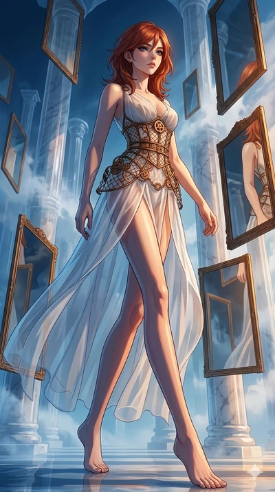 score_9, masterpiece, best quality, ultra-detailed, high-budget anime keyframe, Caucasian woman, strictly human ears. low angle full-body shot filling the entire 9:16 frame with her statuesque presence, stretching the vertical silhouette. wandering t