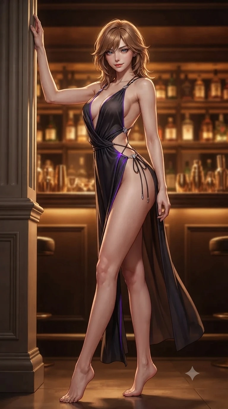 score_9, masterpiece, best quality, ultra-detailed, high-budget anime keyframe, editorial fashion photography, tasteful artistic composition, Korean woman. low angle full-body shot from head to toe showing her feet, filling the entire 9:16 vertical frame with her statuesque presence, stretching her vertical silhouette. standing tall beside the architectural column, one hand resting high while arching her lower back to emphasize her sculpted feminine hips and slender waist while sliding gracefully off the barstool, hips swaying in an alluring sensual rhythm that accentuates her curvy hourglass silhouette. The background shows a soft-focus backlit honey-onyx bar shelves lined with vintage spirits, polished brass barware, and smoke-tinted mirrors blurred into amber, cognac, and gold bokeh. She has an exceptionally tall and slender model-like 8.5-heads proportion, an ultra-slim waist, a flat toned midriff, narrow delicate ribcage, and beautifully sculpted feminine hips creating a graceful, slim hourglass silhouette without any bulky heaviness, with impossibly long slender legs. sharp v-shaped jawline, high-bridge nose, intricate jewel-like dark sparkling eyes with dangerous depth, thick curled eyelashes, glossy parted lips with a rich wine sheen, smoldering seductive half-smile with bedroom-eyes, exuding effortless superiority and intoxicating dark allure, flawlessly proportioned anatomical accuracy, strict slender model proportions, natural body alignment, perfectly sculpted long slender limbs, ultra-slim waistline, clean dynamic posture without body distortion. wearing a low-slung cutaway leather bodysuit with bare hip flanks and criss-cross cord ties in ultraviolet neon and dark rain-soaked shadow tones, tailored from heavy double-faced silk georgette with an exceptionally fluid drape, finished with an ultra-high side slit secured by miniature jeweled clasps, the form-fitting cut adhering flawlessly to her sculpted flat midriff and slender torso, emphasizing her long leg lines and perfectly proportioned willowy build. illuminated by mirror reflection bounce and sharp bronze-champagne rim lights sculpting her razor-sharp jawline, narrow waist, and curvy hips. ultra-reflective glossy finish, specular highlights, rich textural contrasts, high-contrast stereoscopic depth, volumetric dynamic lighting, 2k, ultra detail, master piece, 9:16 ratio